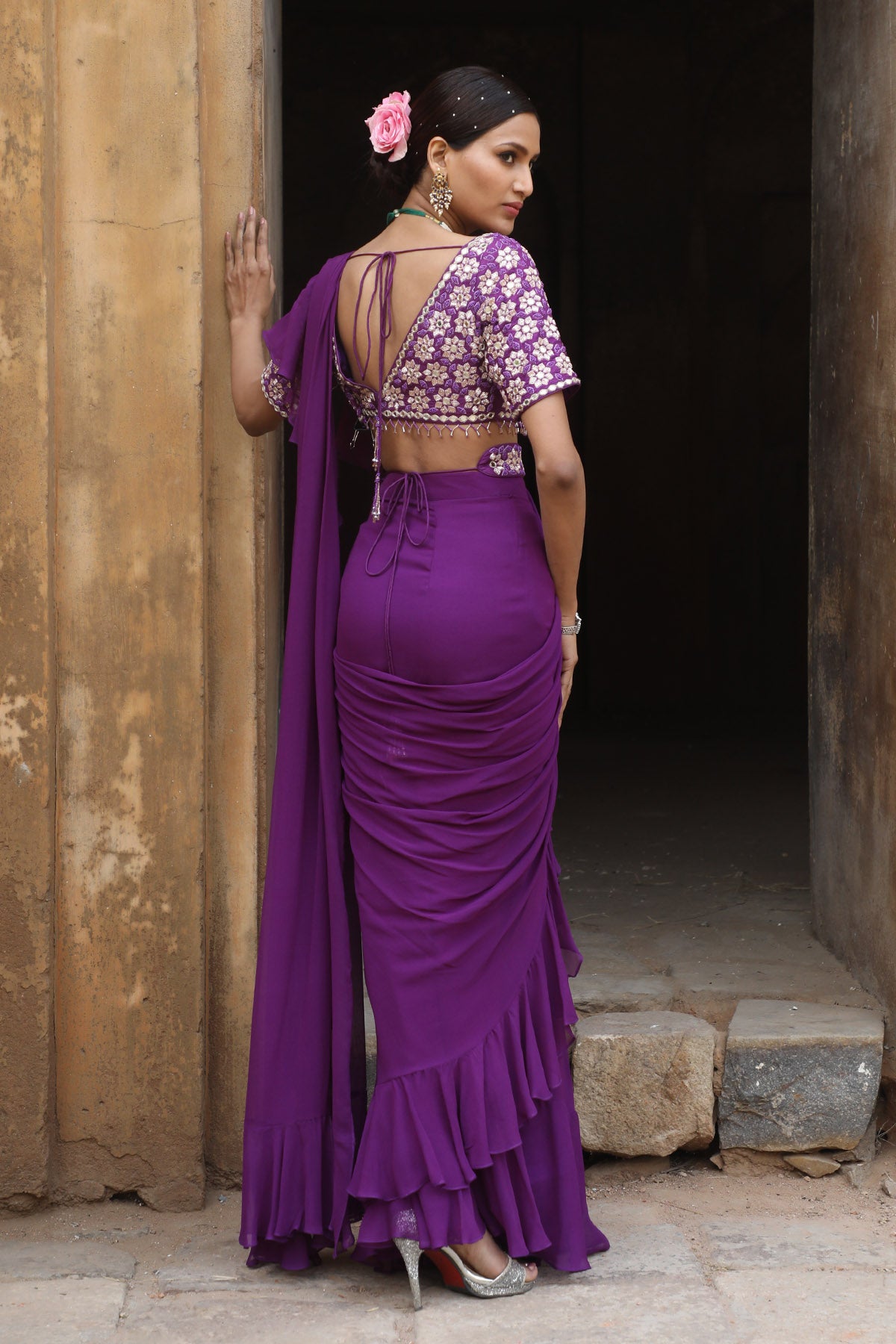 Purple Pre-Draped Frill Saree
