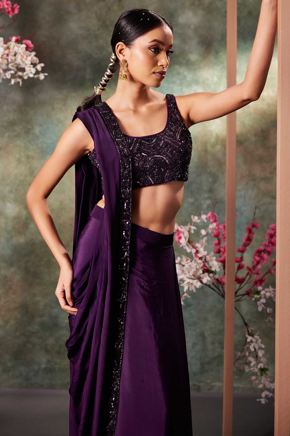 Purple Pre-Draped Saree & Blouse