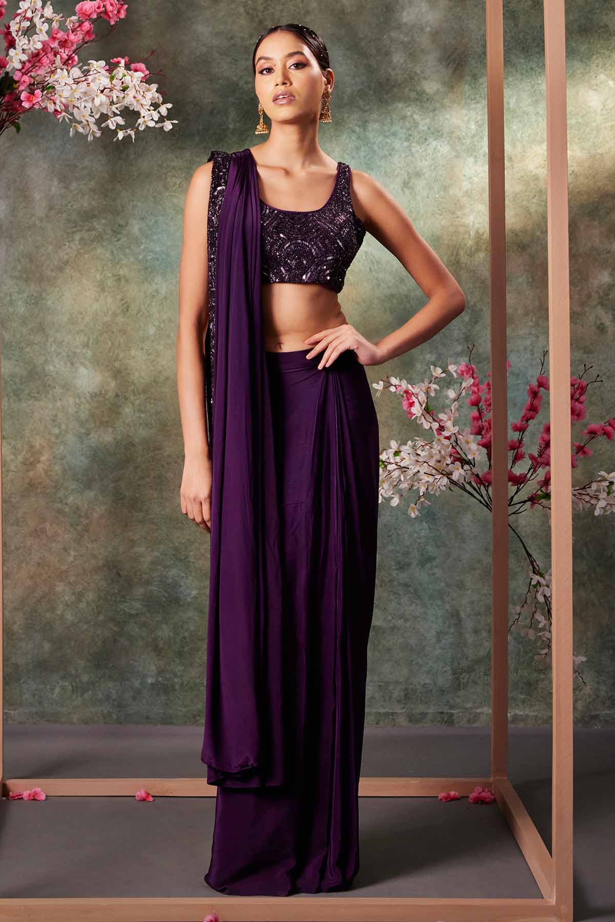 Buy Purple Pre-Draped Saree & Blouse by Mehak Murpana for women online at ScrollnShops