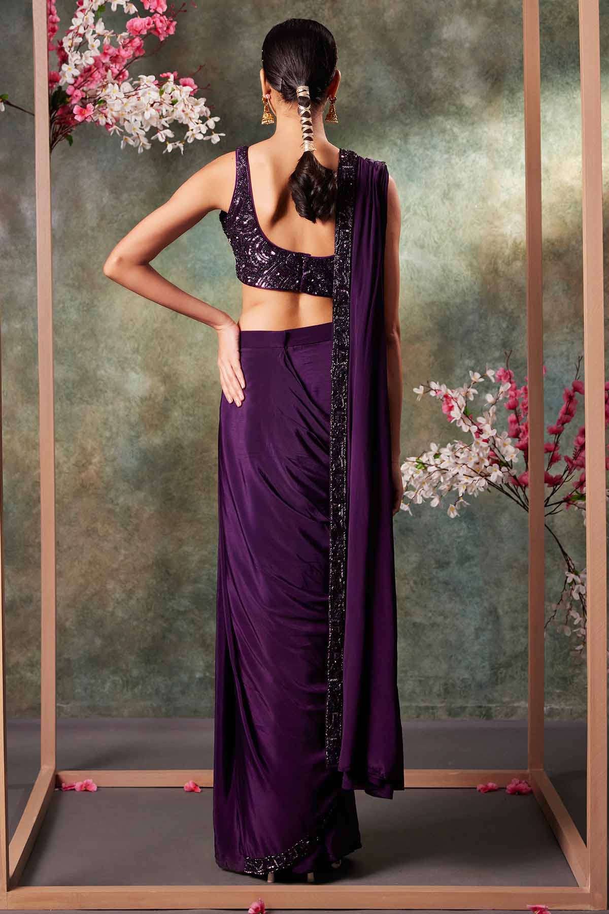 Purple Pre-Draped Saree & Blouse