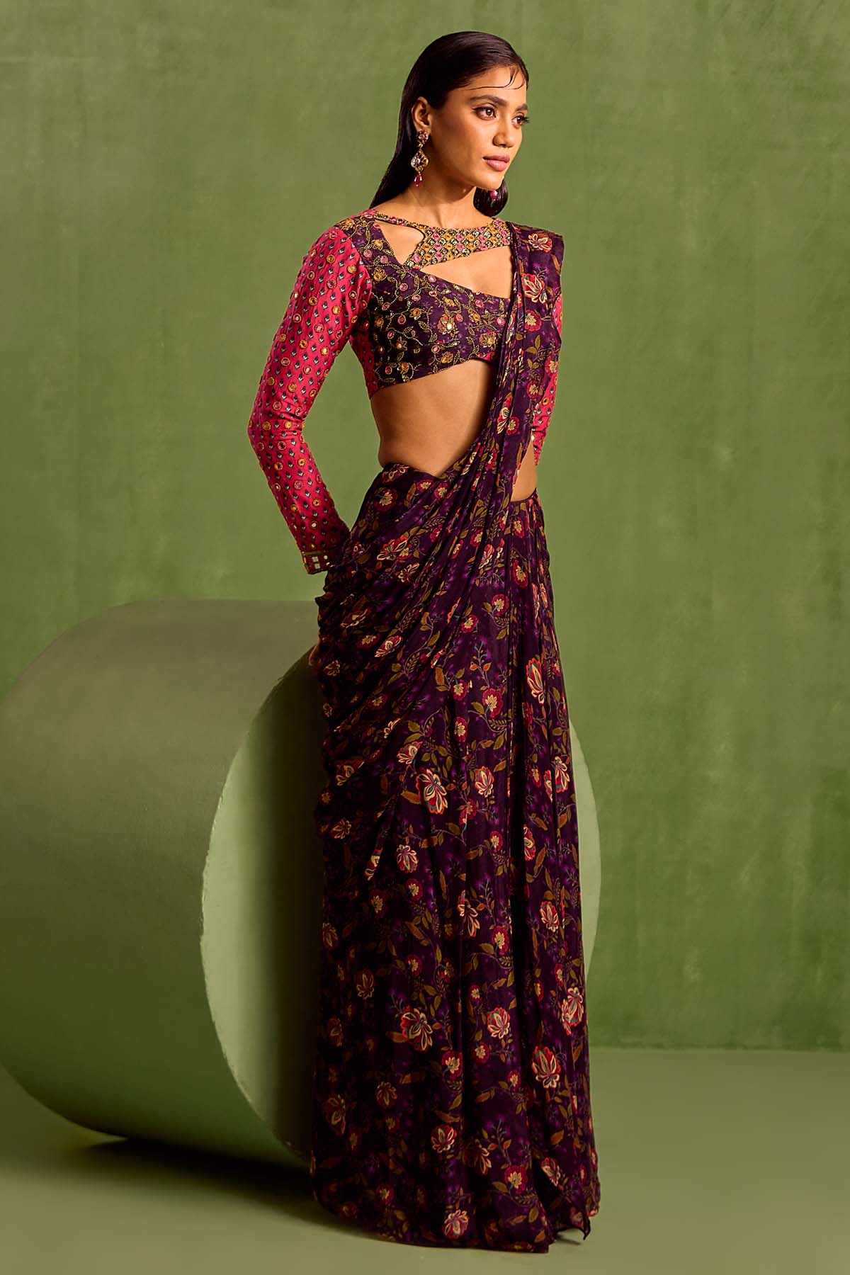 Designer Neha Khullar Purple Print Pre-Draped Saree for Women Online