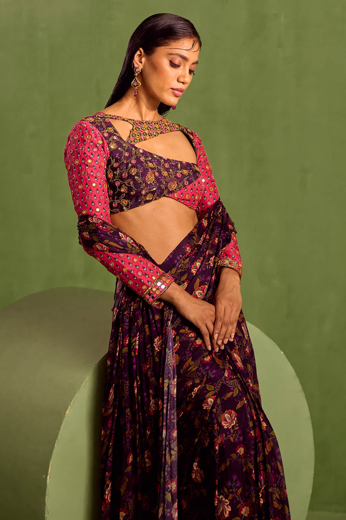 Purple Print Pre-Draped Saree