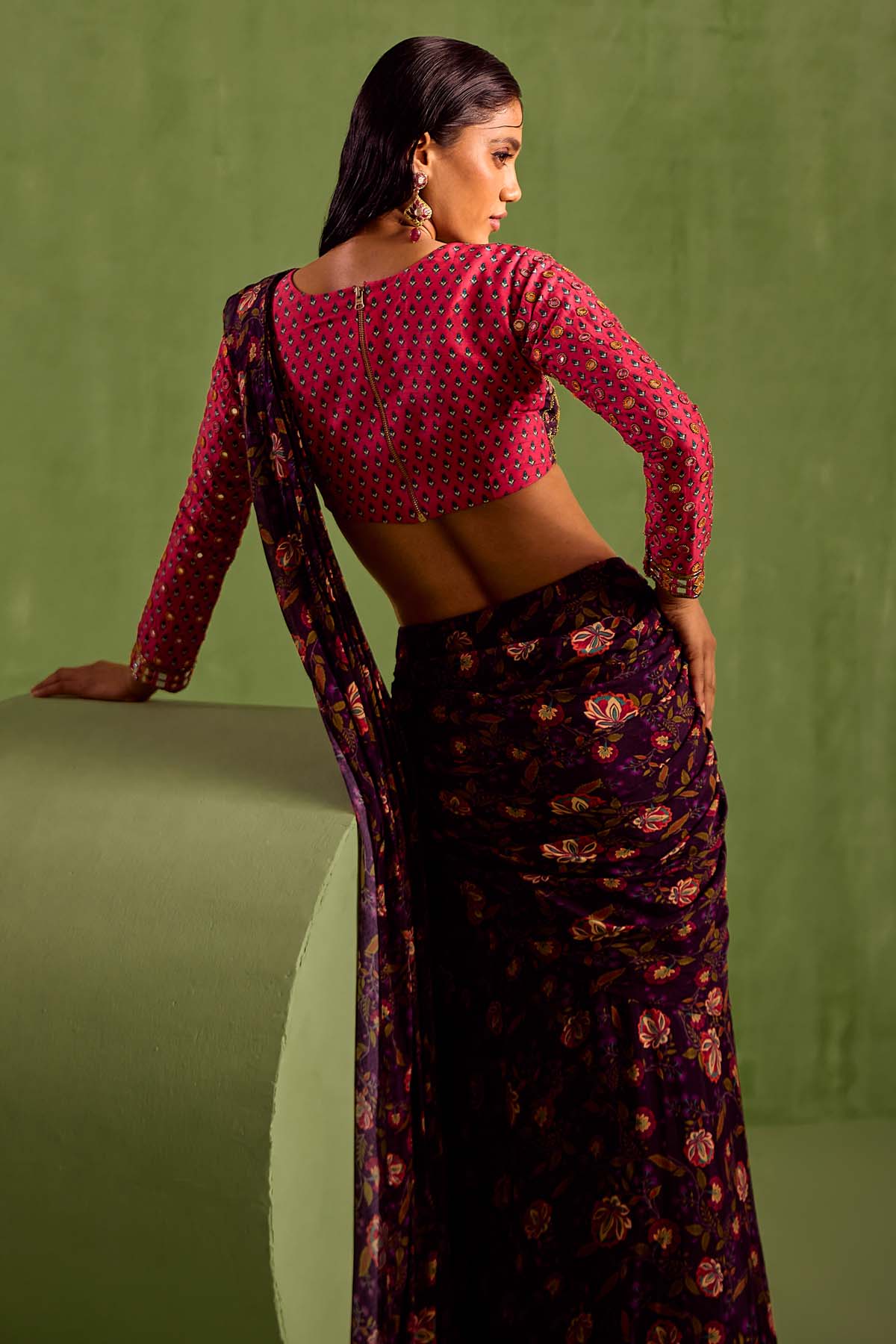 Purple Print Pre-Draped Saree