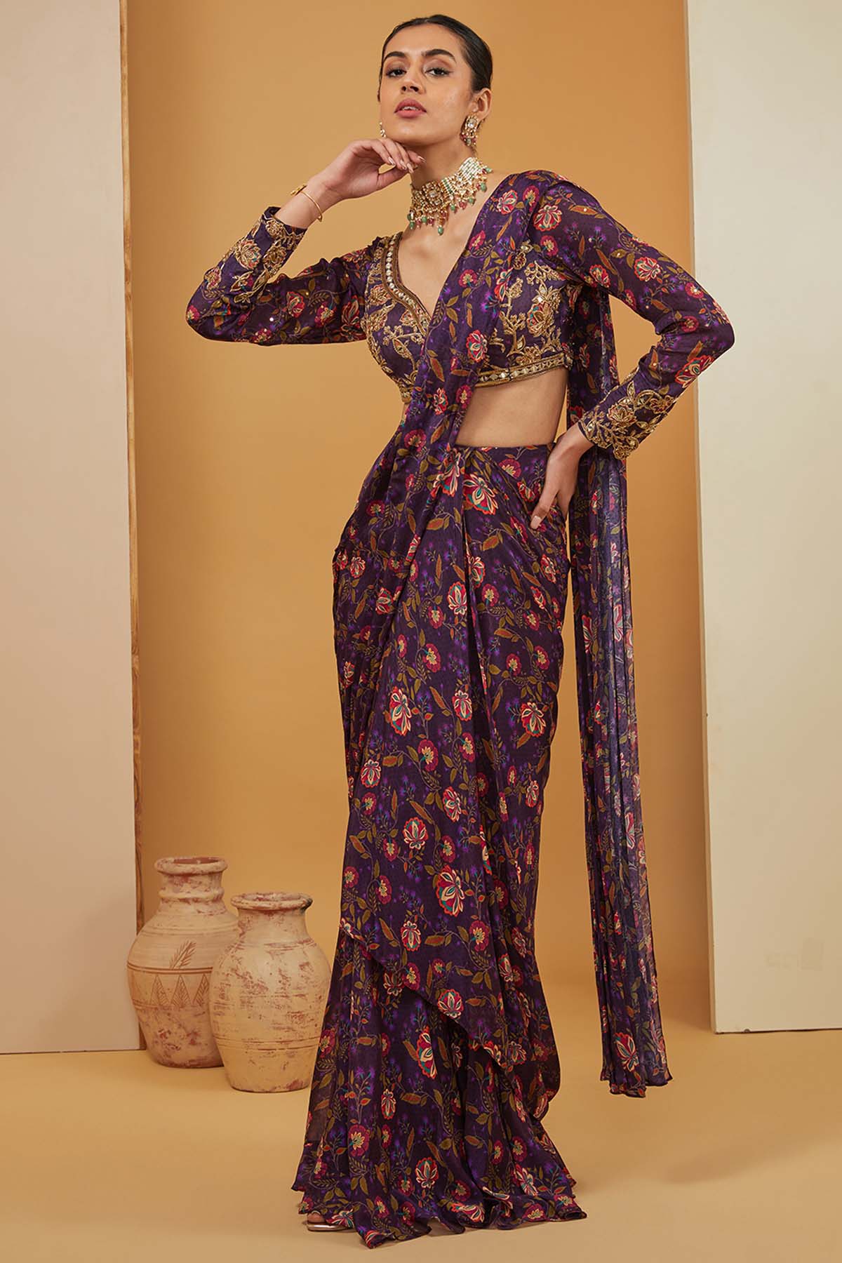 Designer Neha Khullar Print Purple Pre-Draped Saree for Women Online