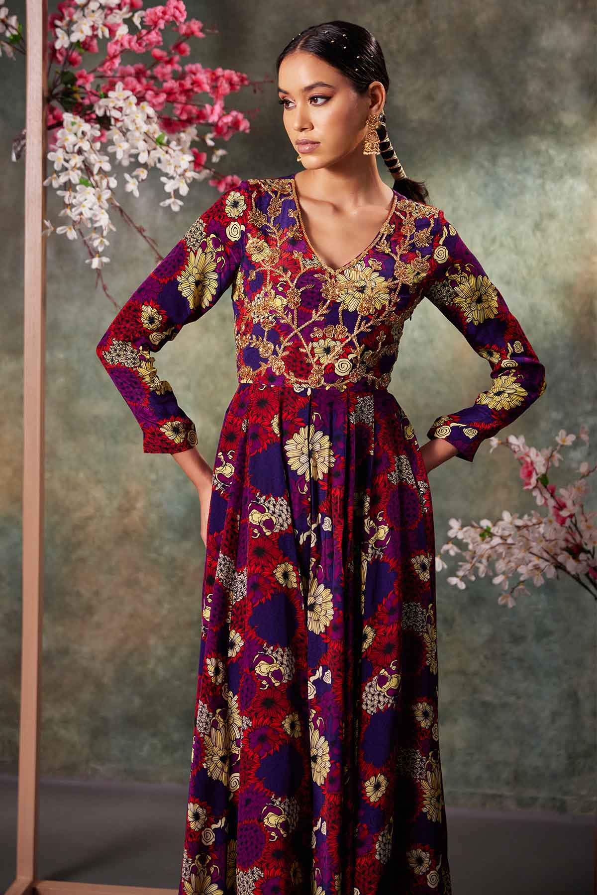 Purple Printed Anarkali Set