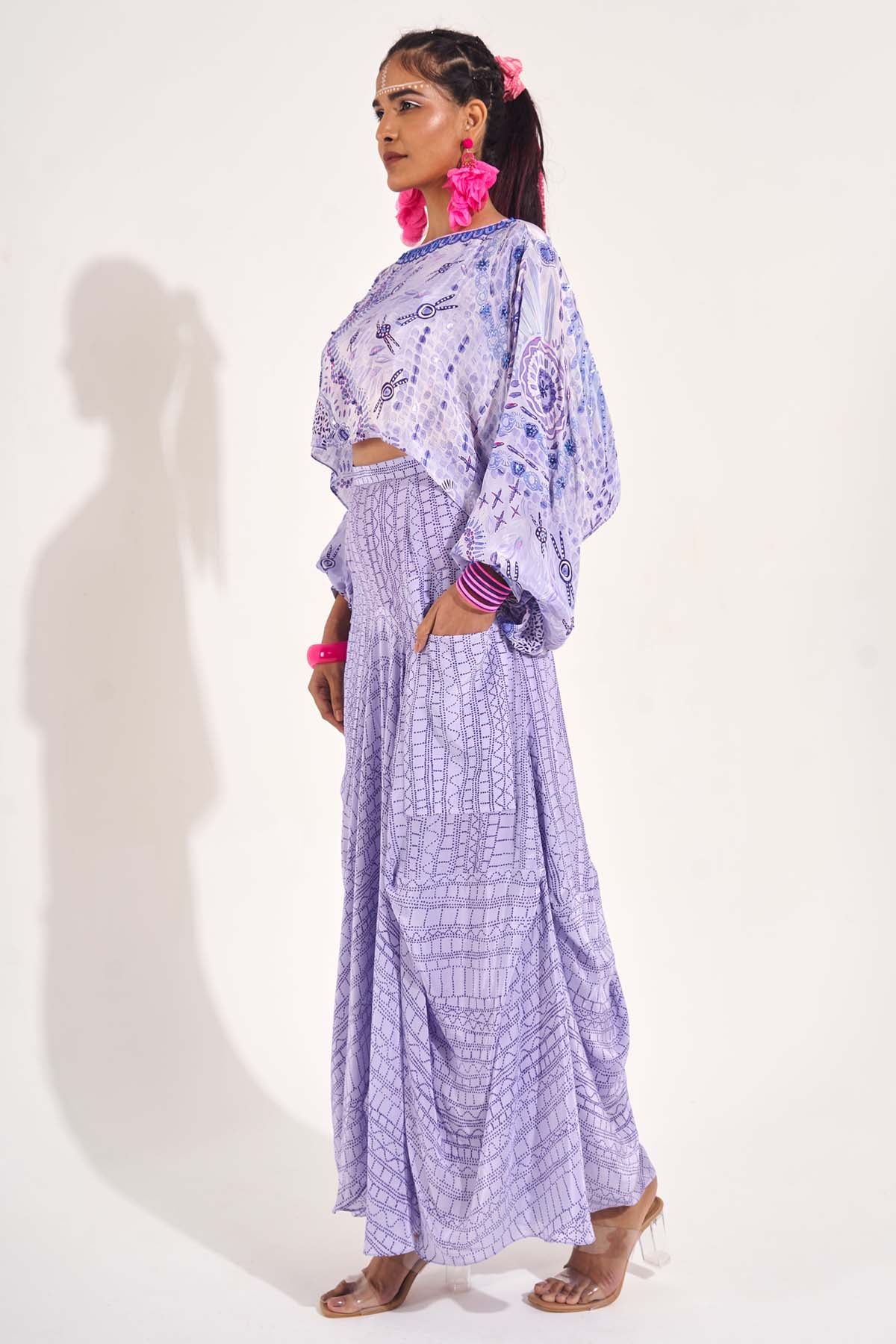 Purple Printed Draped Skirt