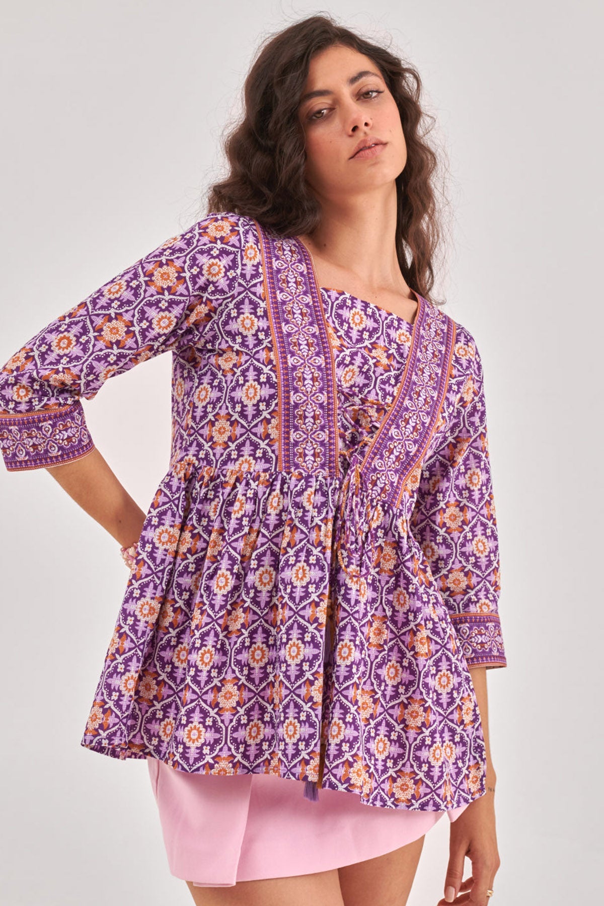 Buy Purple Printed Flared Hem Top for Women by Qomn Designer online available at scrollnshops