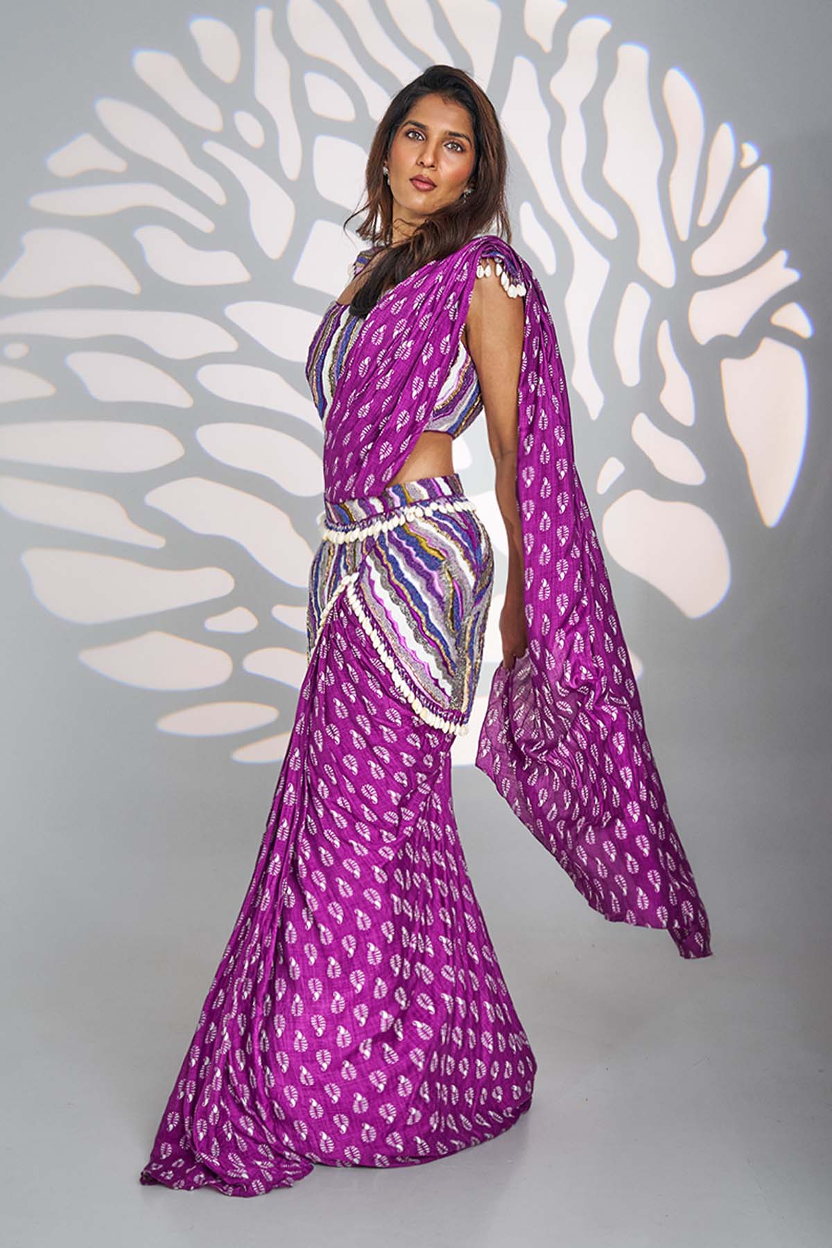 Purple Printed Muslin Saree Set