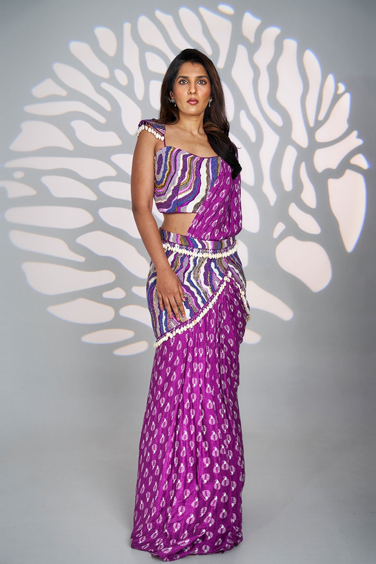 Buy Purple Printed Muslin Saree Set for women by Ricka Gauba online available at scrollnshops