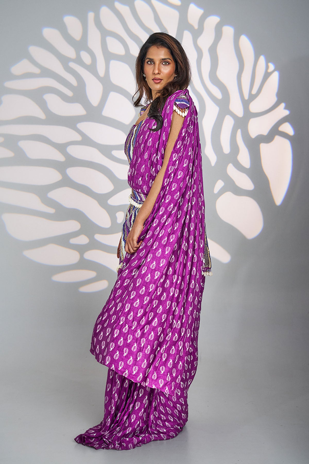 Purple Printed Muslin Saree Set