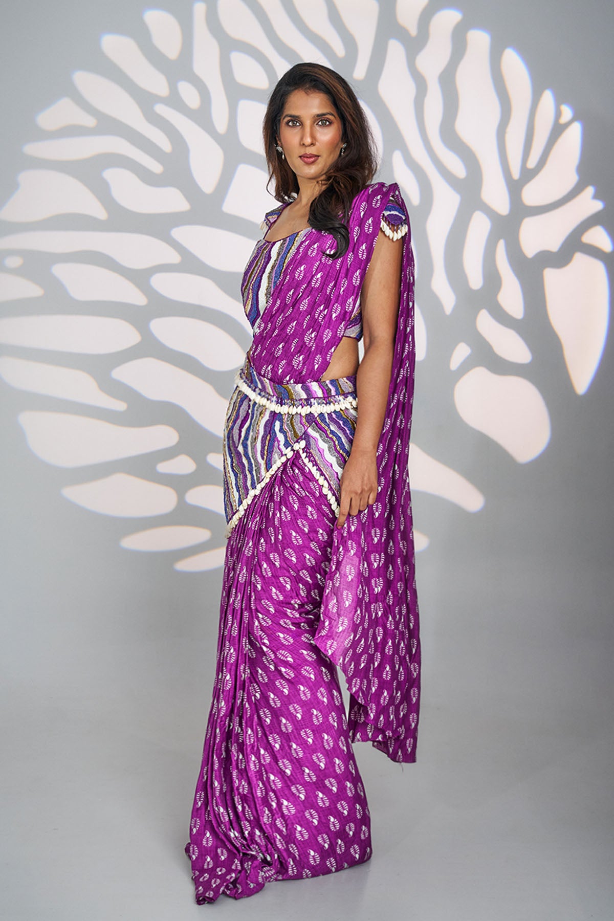 Purple Printed Muslin Saree Set