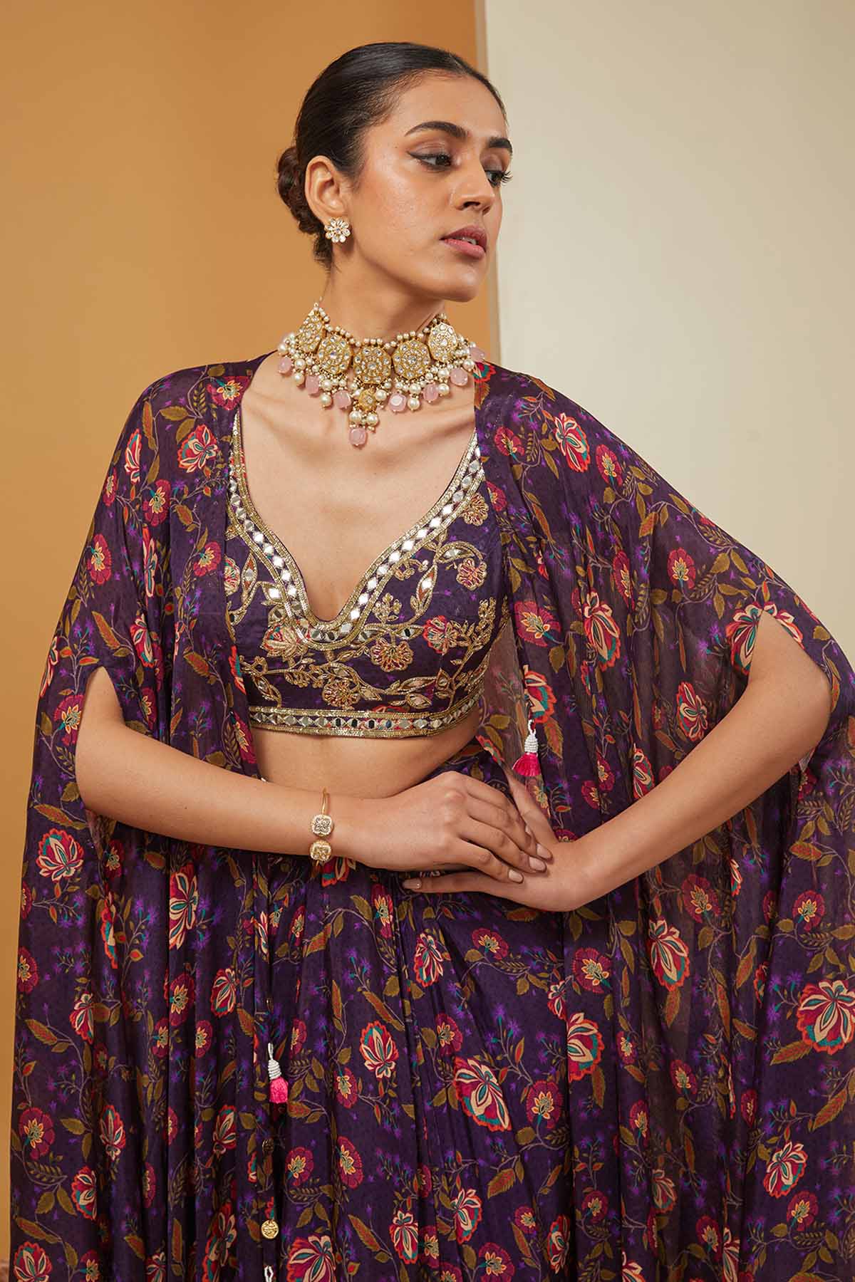 Purple Printed Skirt Set & Cape