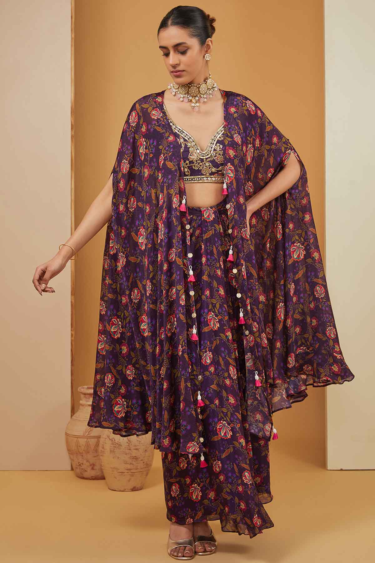 Neha Khullar Purple Printed Skirt Set & Cape for women online at ScrollnShops