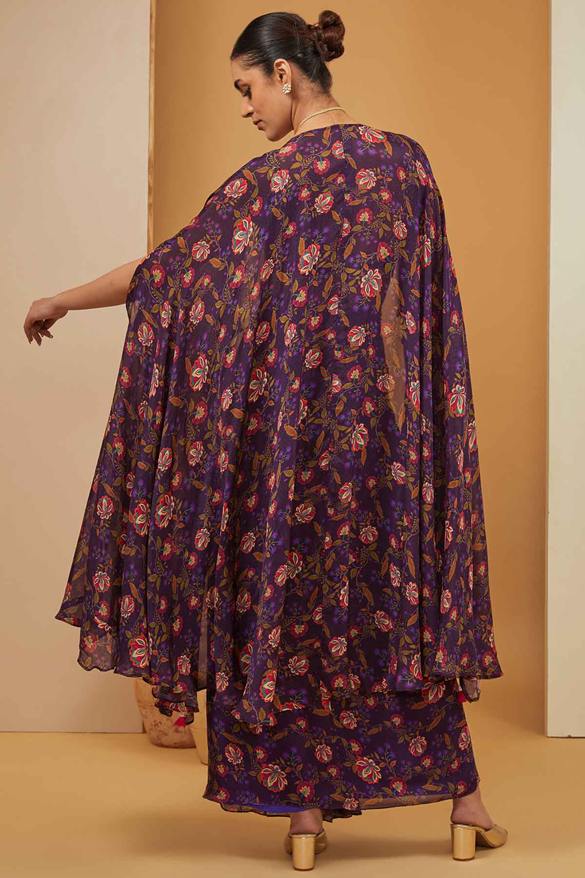 Purple Printed Skirt Set & Cape