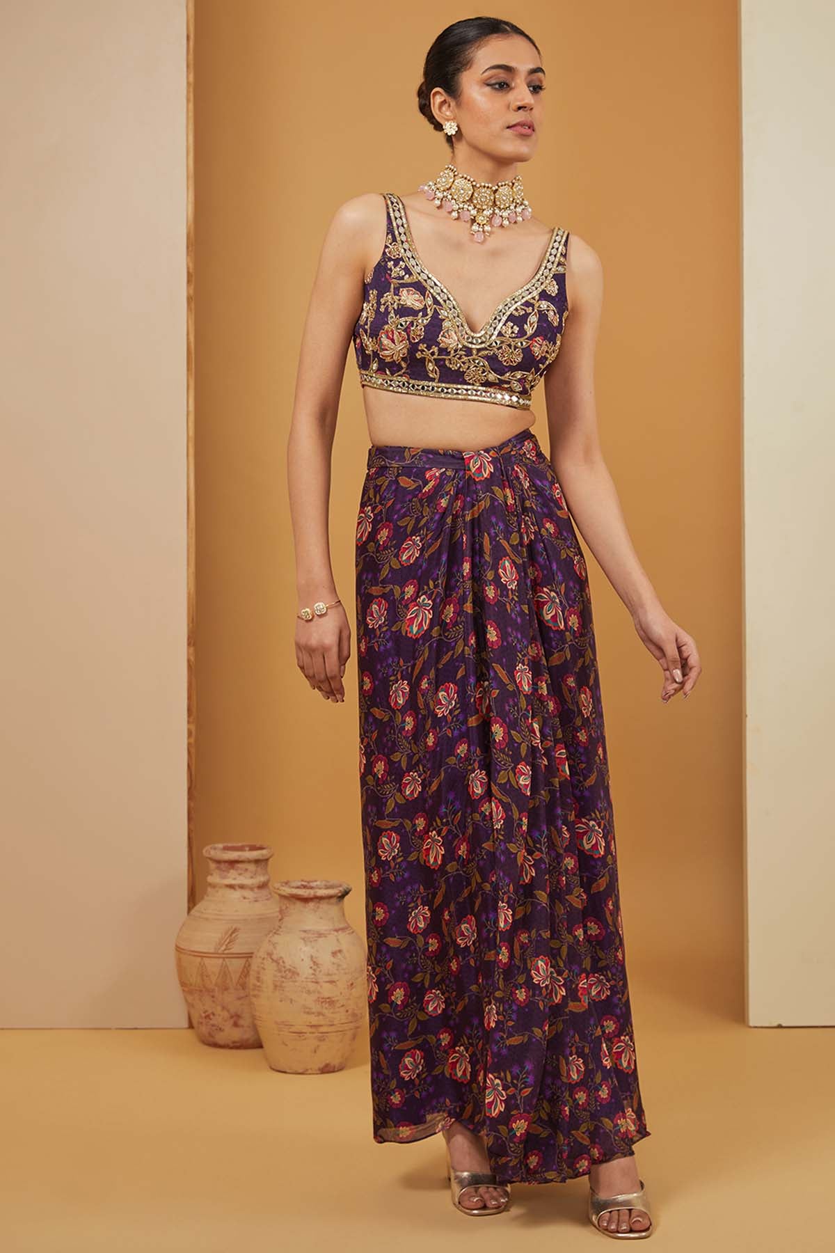 Purple Printed Skirt Set & Cape