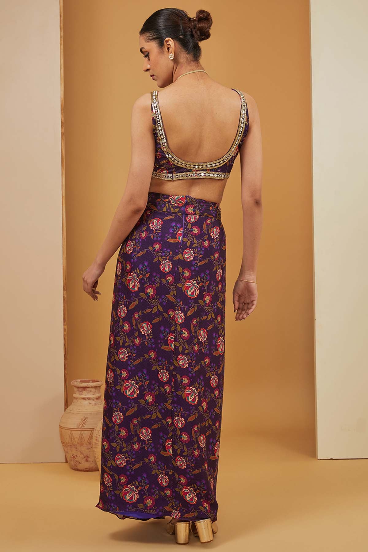 Purple Printed Skirt Set & Cape