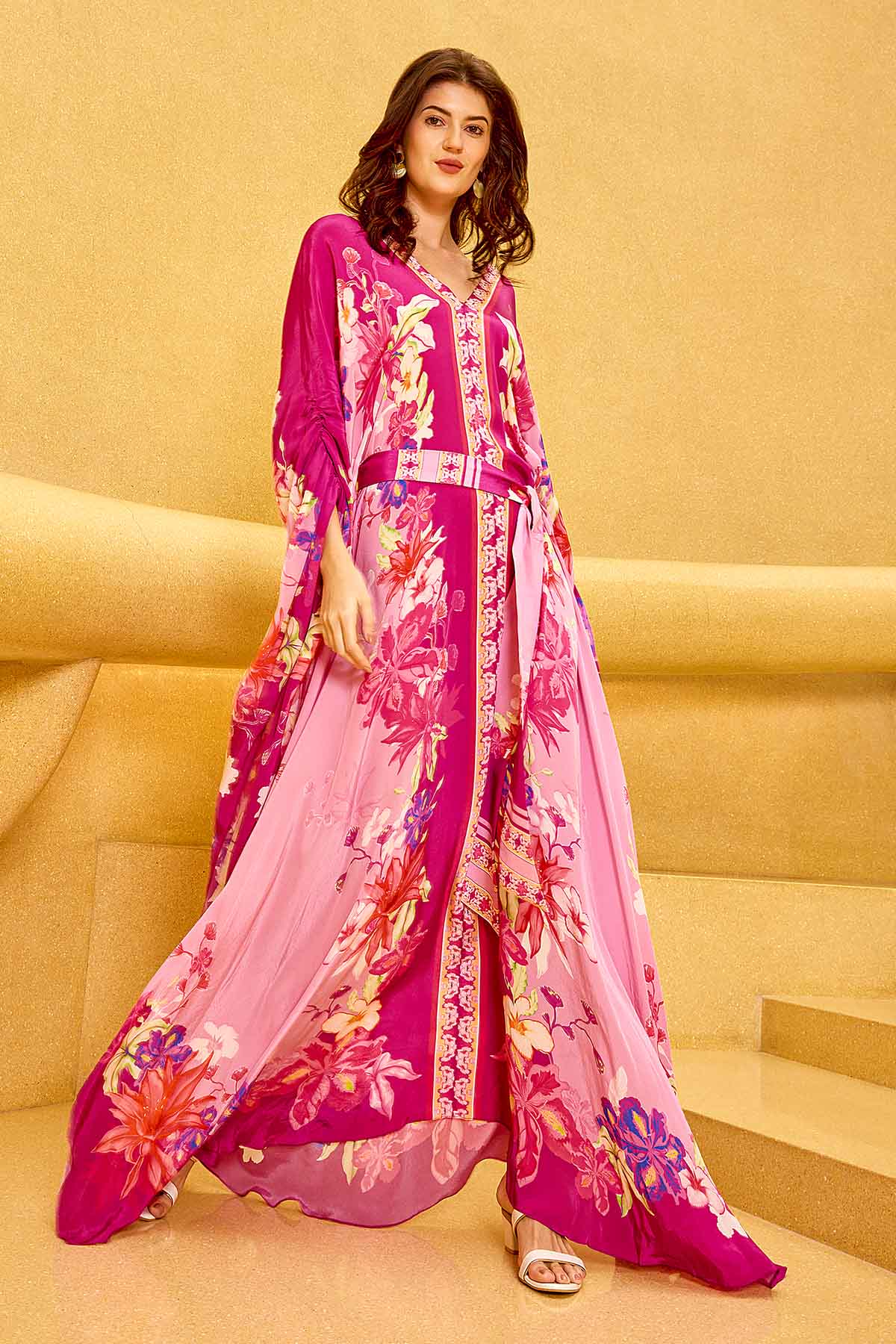 Purple Printed V-Neck Kaftan