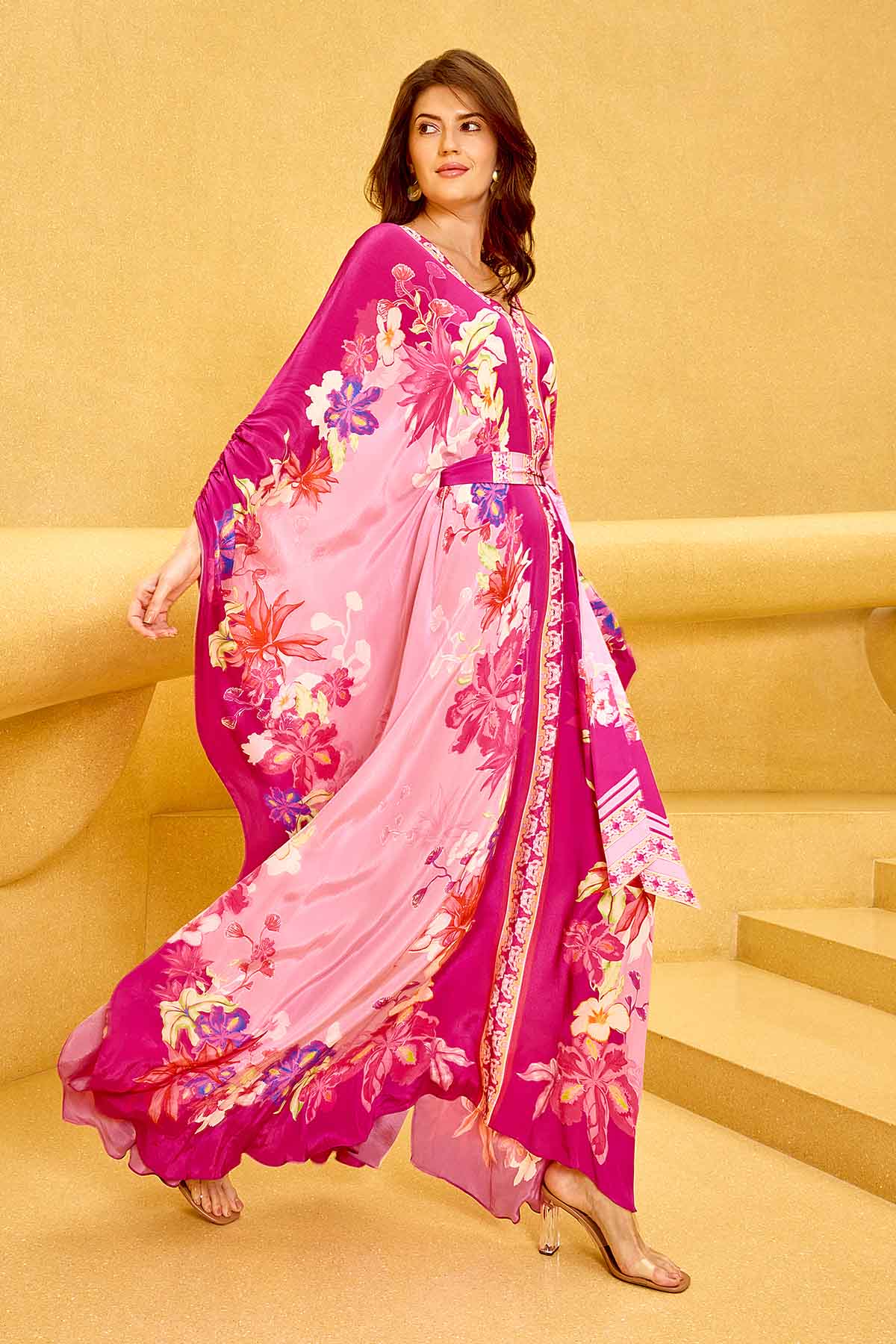 Purple Printed V-Neck Kaftan