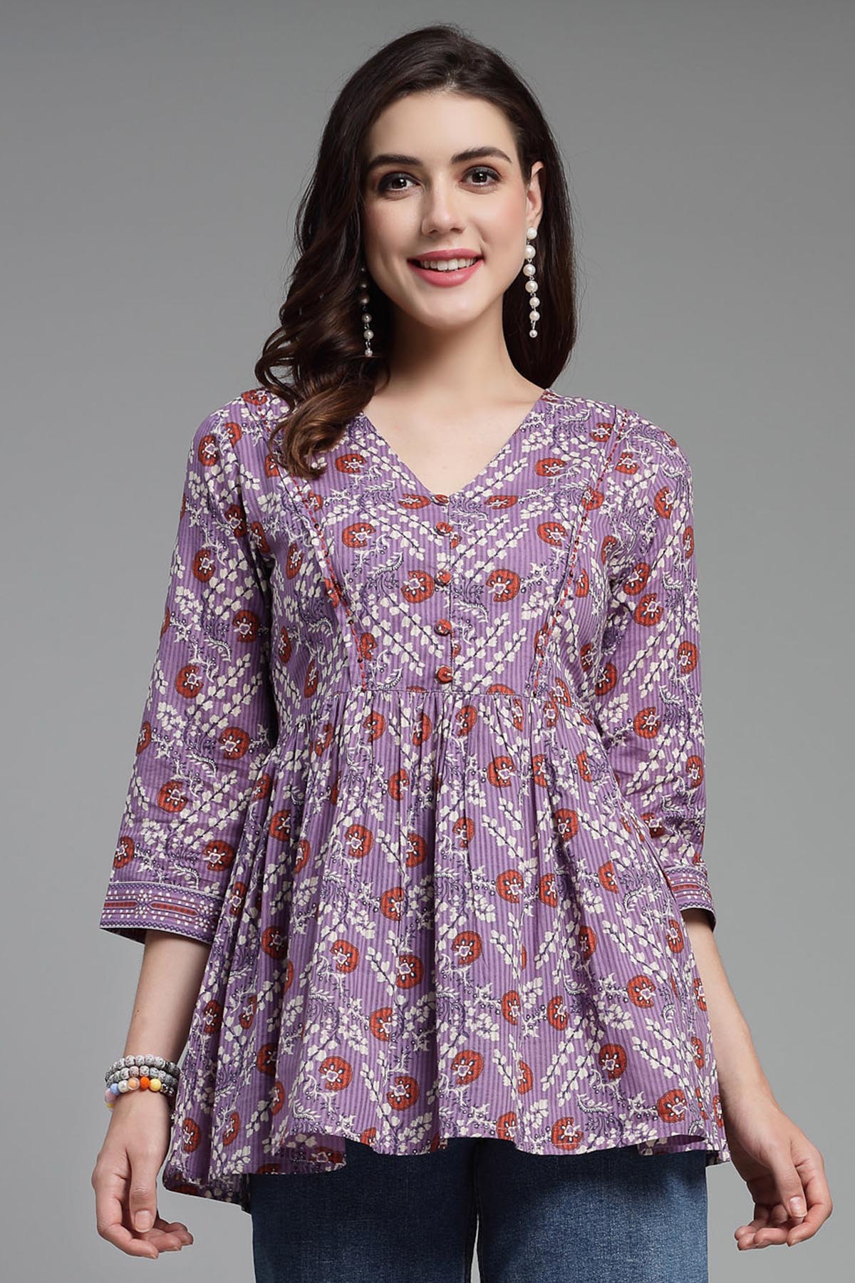 Buy Purple Pure Cotton Floral Top for Women by Qomn Designer online available at scrollnshops