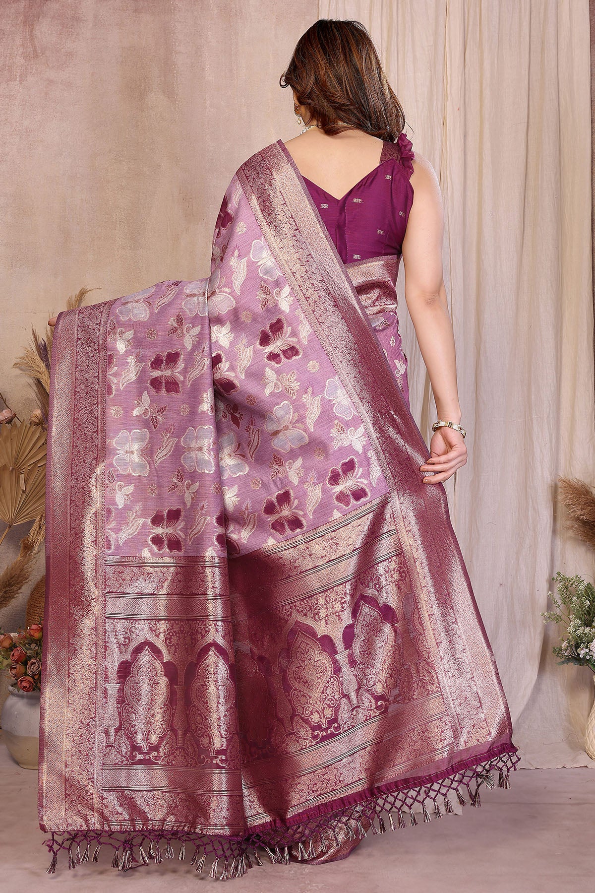 Purple Pure Cotton Tassel Saree