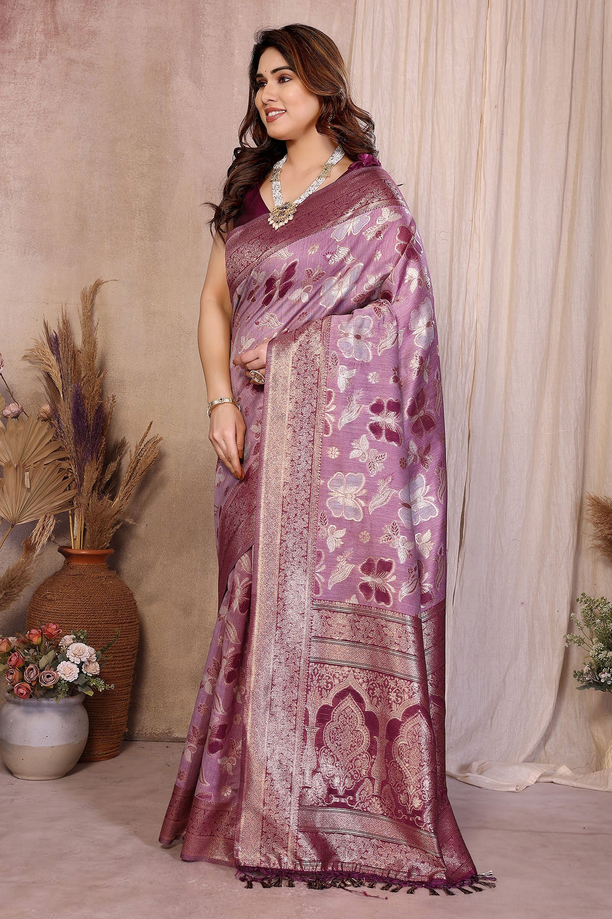 Purple Pure Cotton Tassel Saree