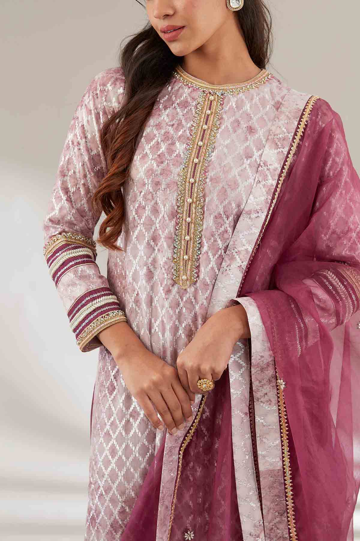 Purple Round Neck Long Kurta Set