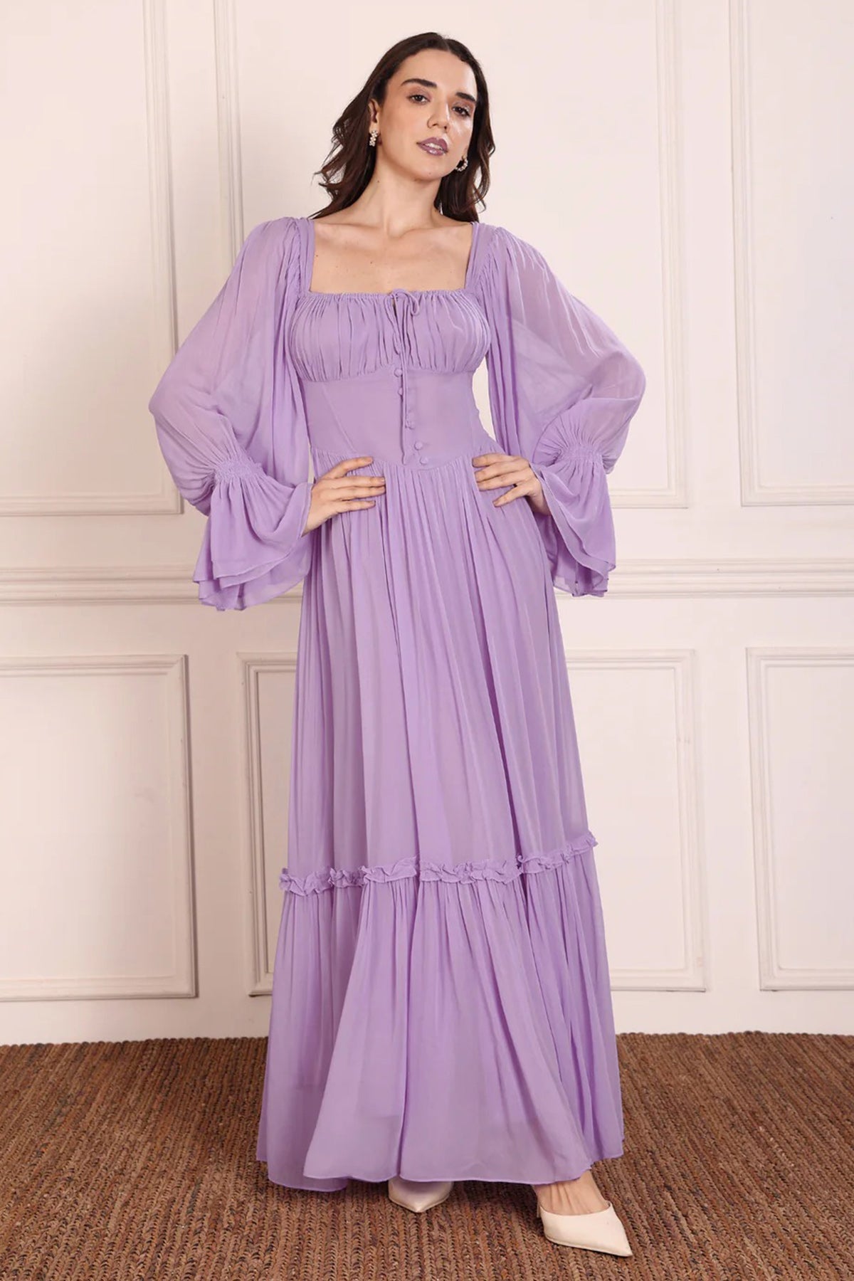 Buy Purple Ruched Sleeve Maxi Dress for women by Seoraa online available at scrollnshops