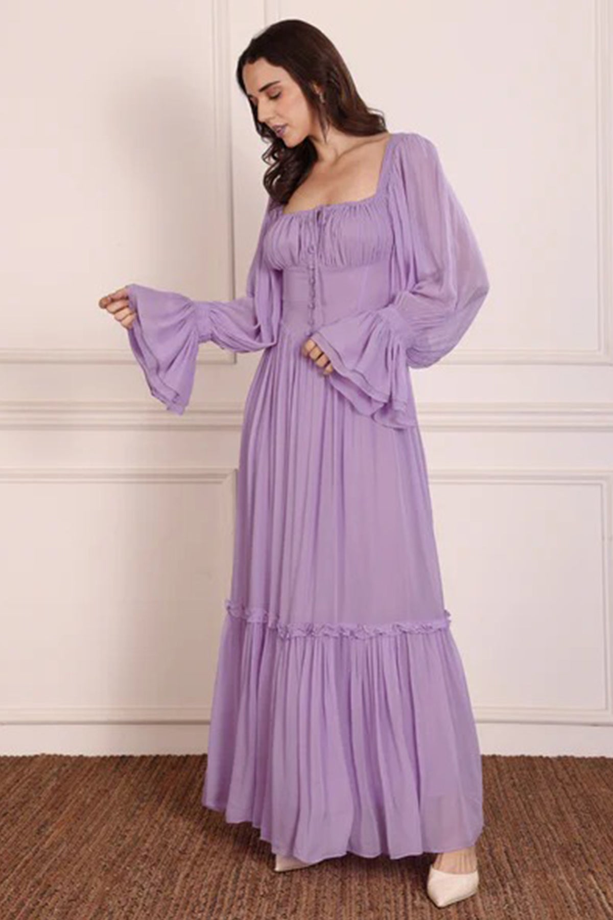 Purple Ruched Sleeve Maxi Dress