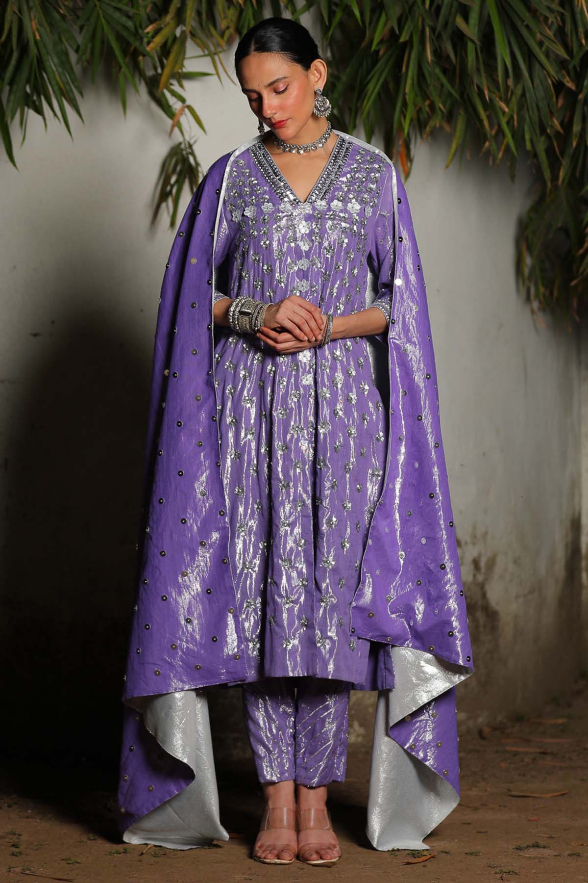 Saksham Neharicka Purple Sequins A-Line Kurta Set for women online at ScrollnShops