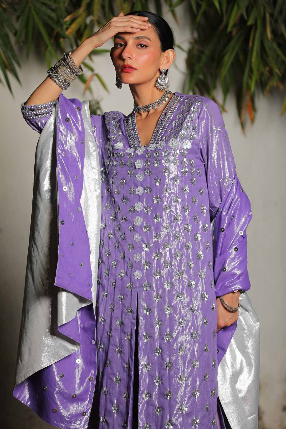 Purple Sequins A-Line Kurta Set
