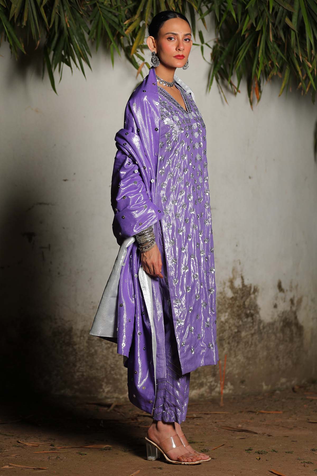 Purple Sequins A-Line Kurta Set