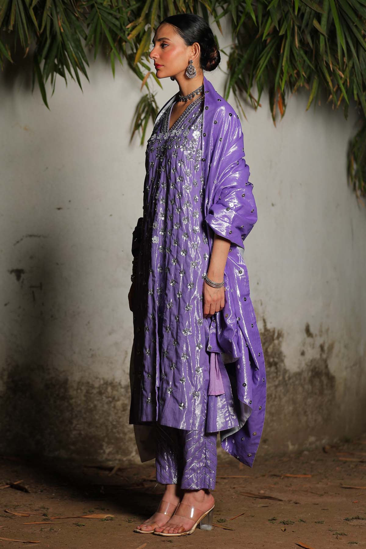 Purple Sequins A-Line Kurta Set