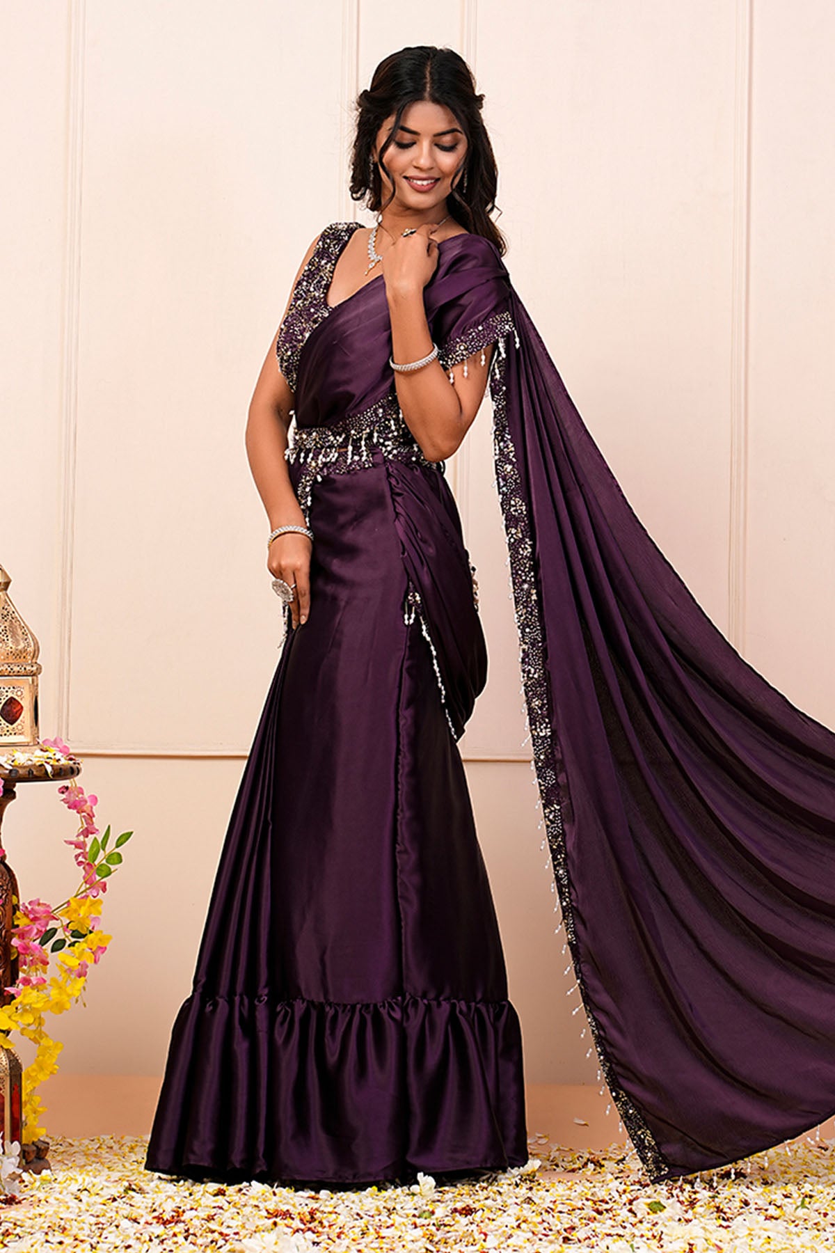 Purple Sequins Pre-Draped Saree