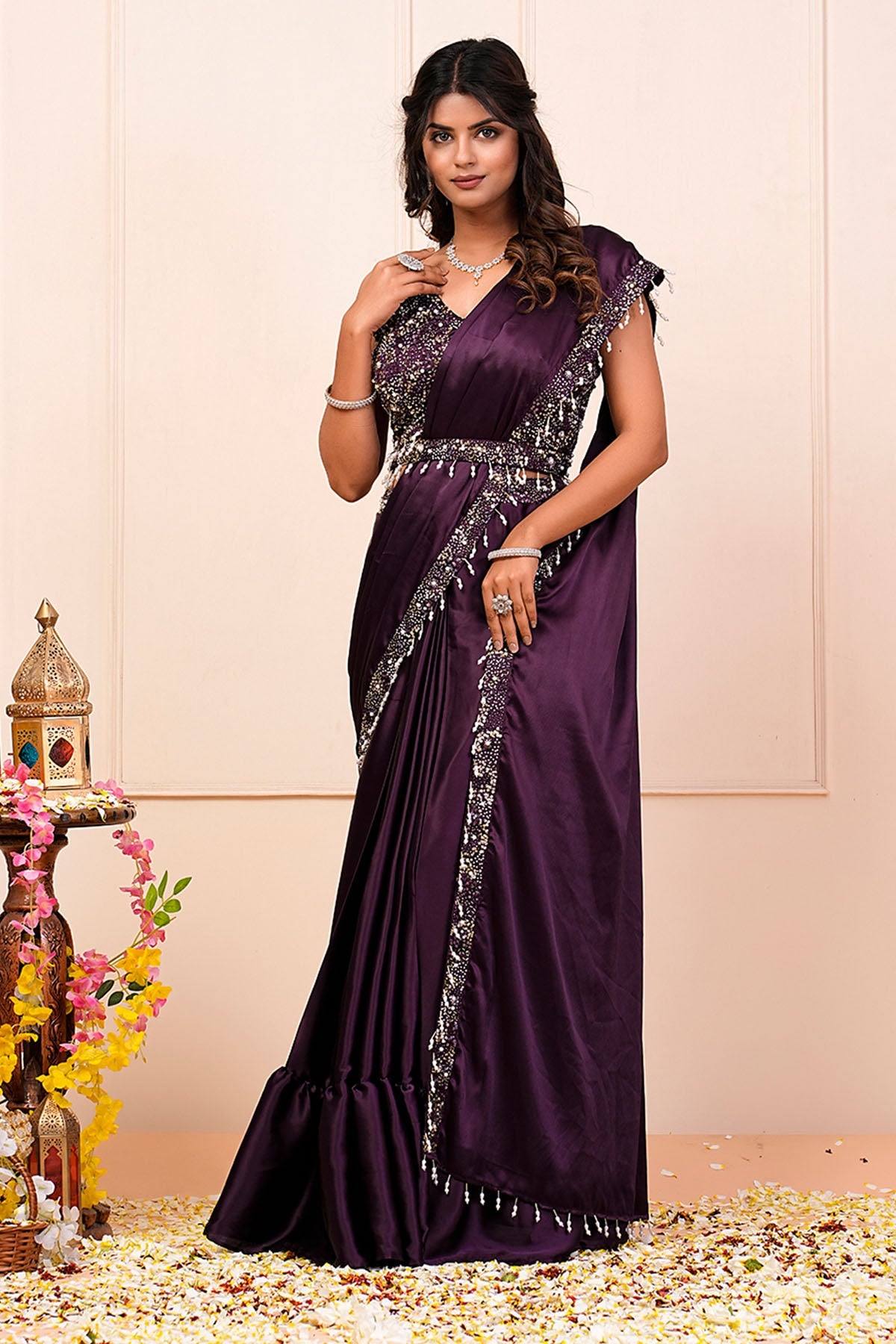 Buy Purple Sequins Pre-Draped Saree by Namita Sharma for women online at ScrollnShops