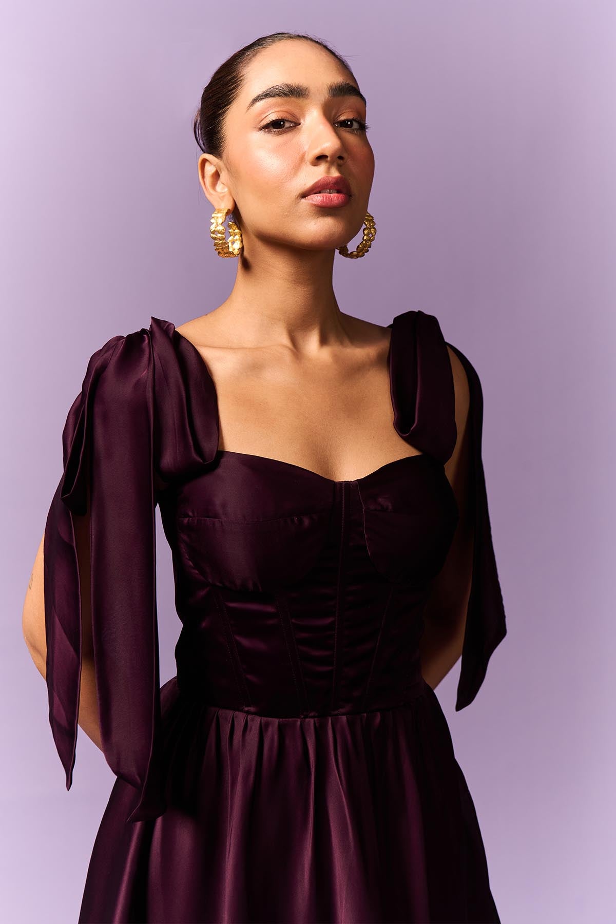 Purple Shoulder Tie-Up Dress