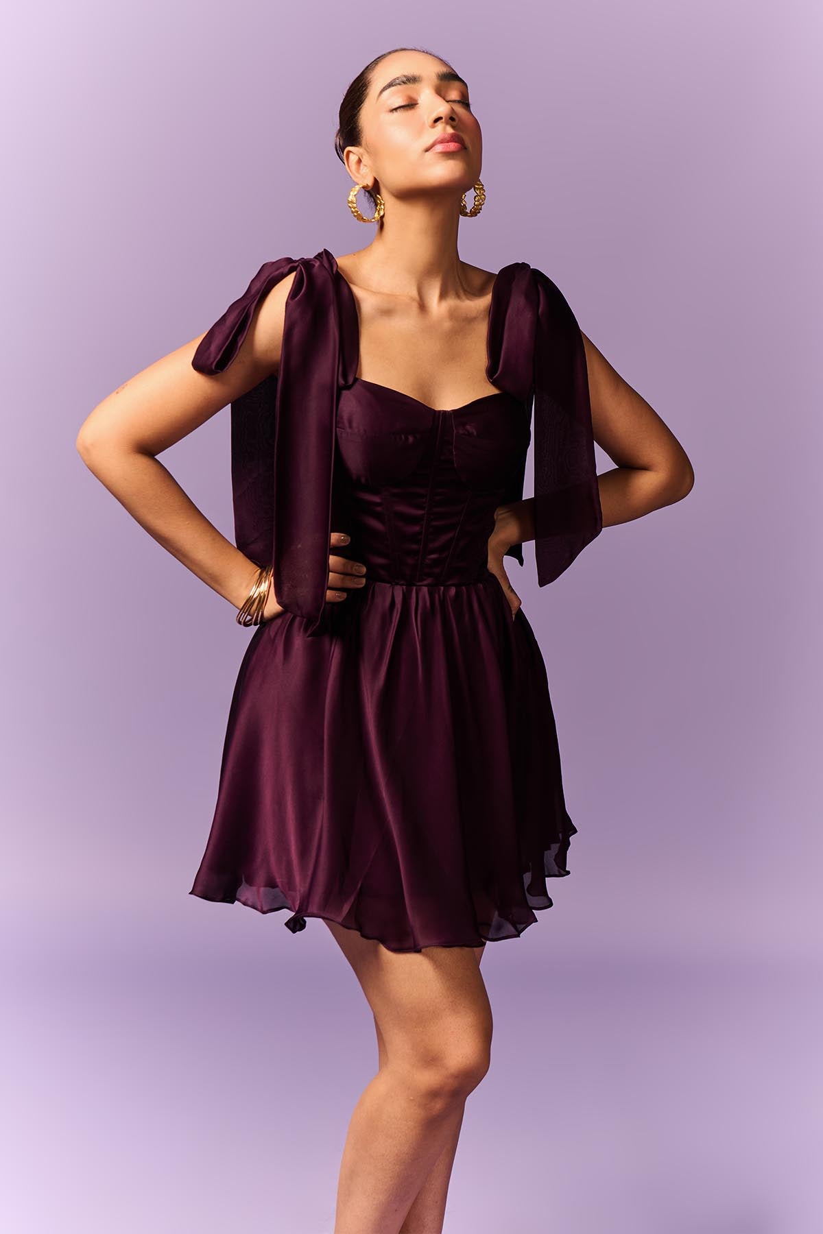 Purple Shoulder Tie-Up Dress