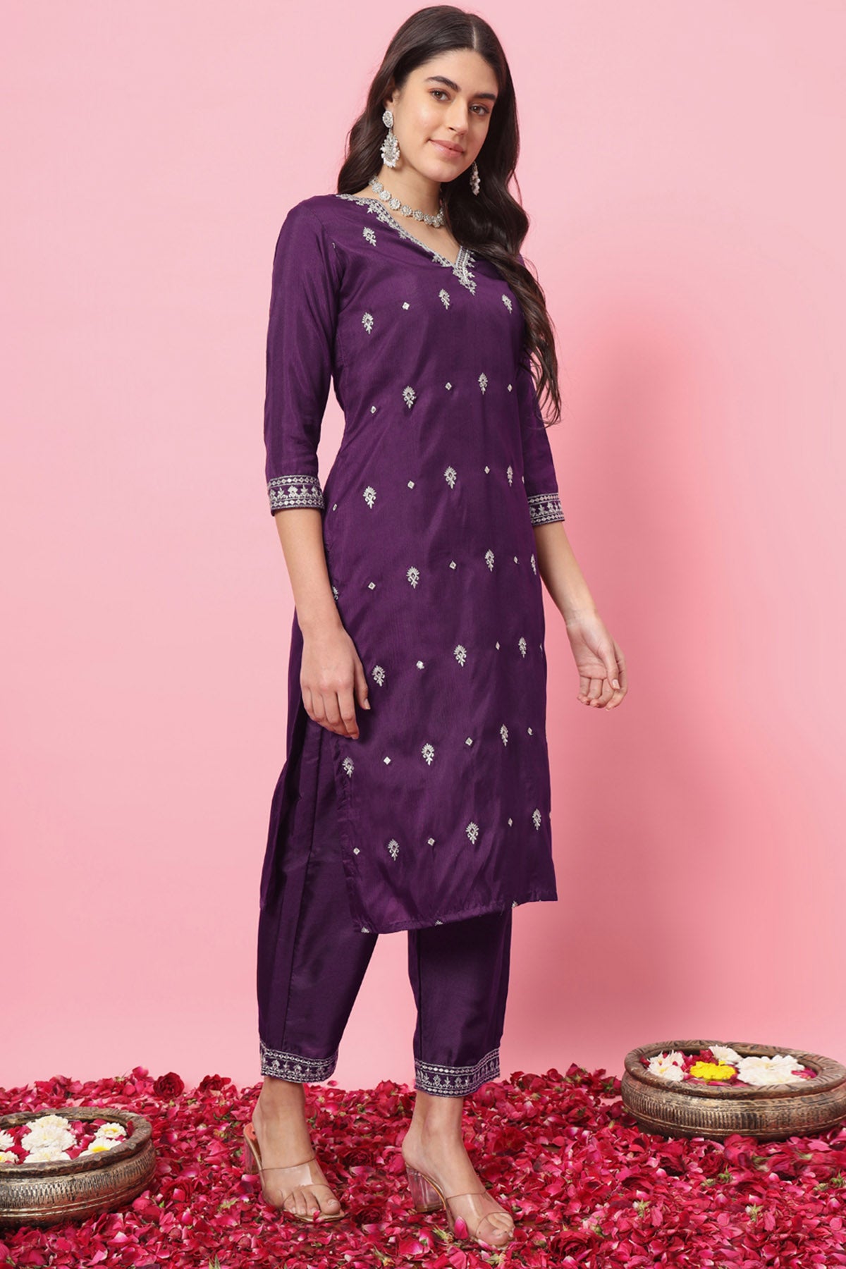 Purple Silk Buta Work Kurta Set