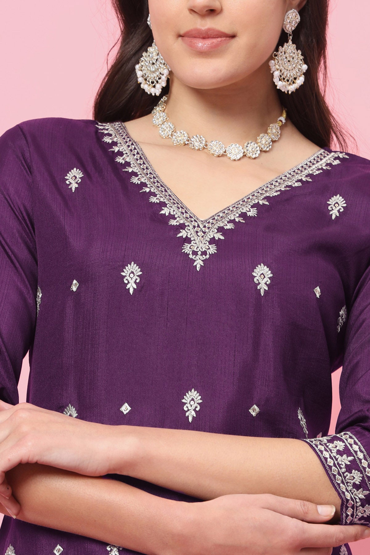 Purple Silk Buta Work Kurta Set