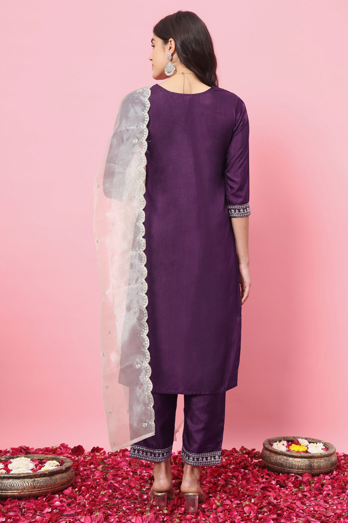 Purple Silk Buta Work Kurta Set