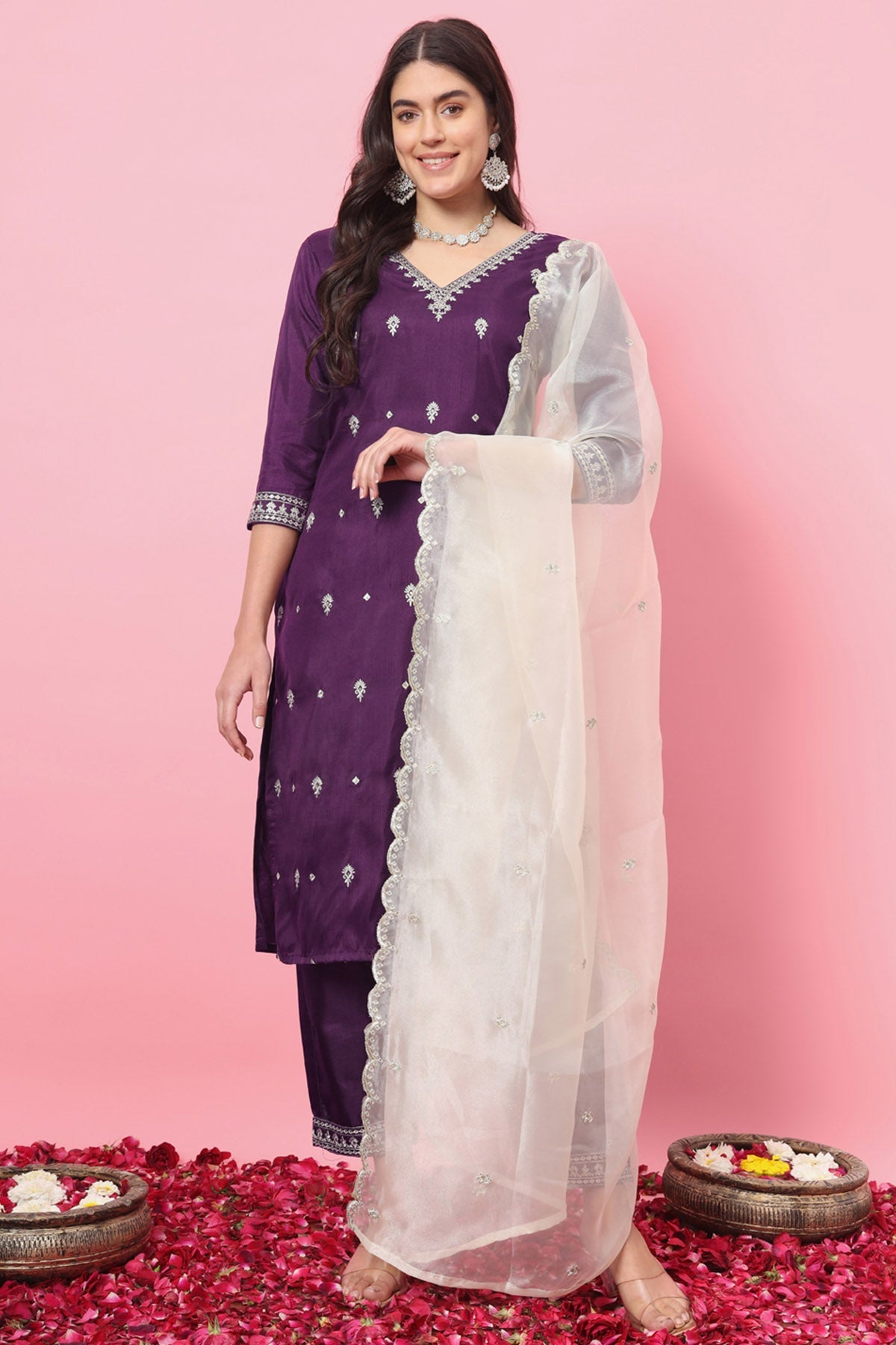 Buy Purple Silk Buta Work Kurta Set for women by Aastha Fashion online available at scrollnshops
