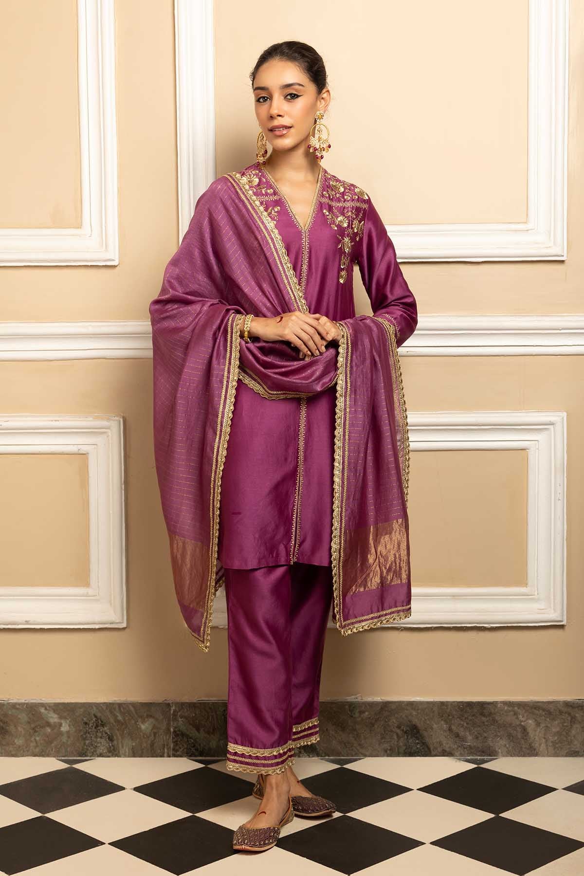 Buy Purple Silk Chanderi Kurta Set by Dohr India for women online at ScrollnShops