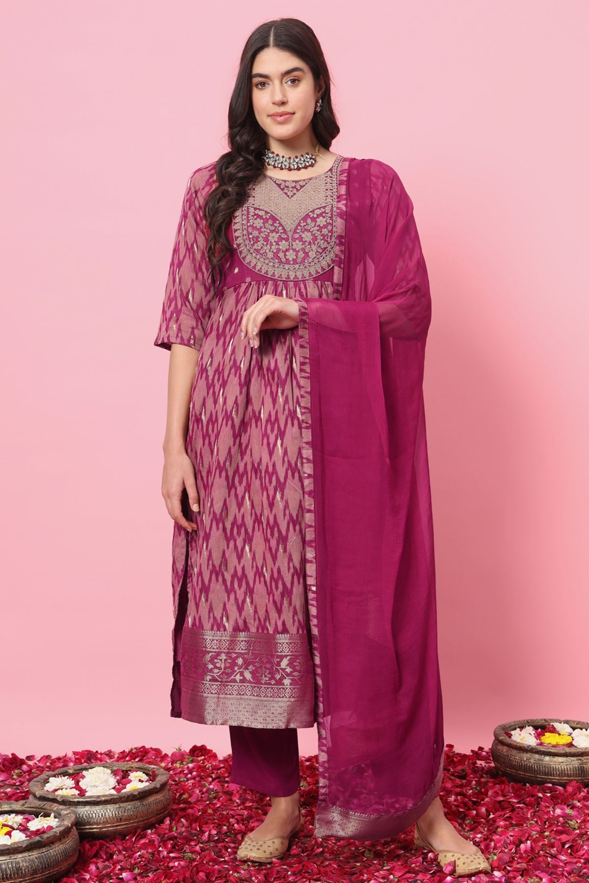 Buy Purple Silk Ikat Zari Kurta Set for women by Aastha Fashion online available at scrollnshops