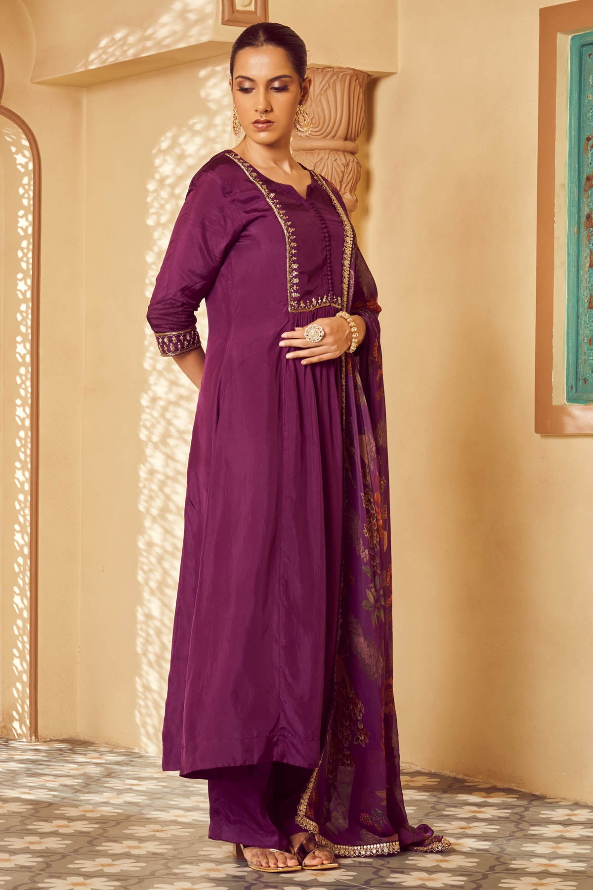 Embroidered Flared Kurta Set