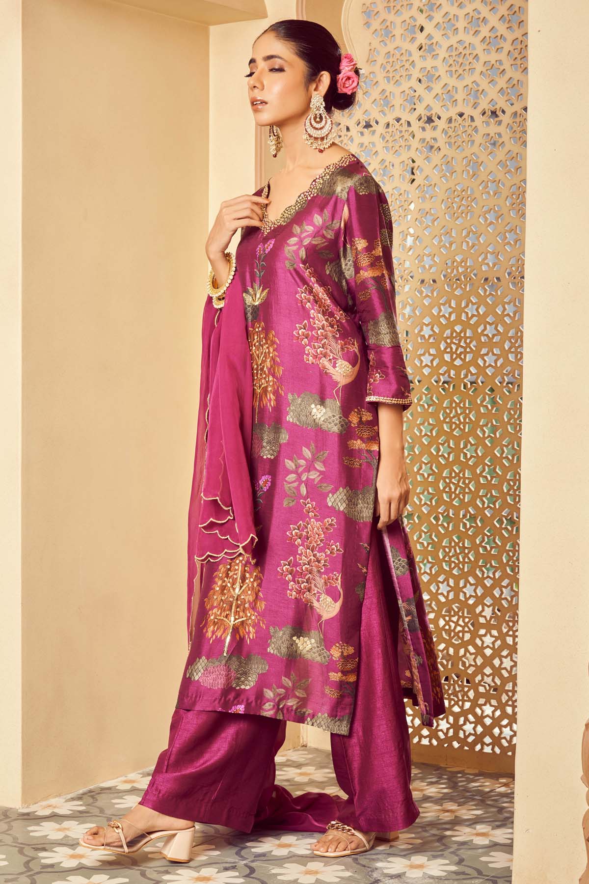 Purple Silk Printed Kurta Set