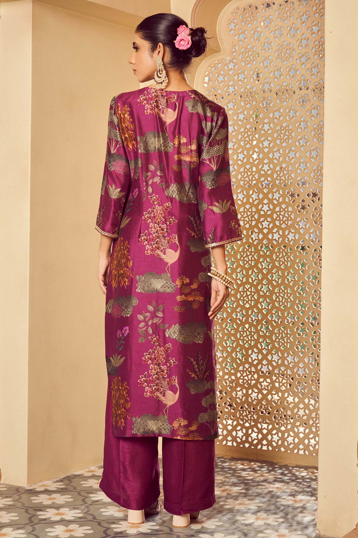 Purple Silk Printed Kurta Set