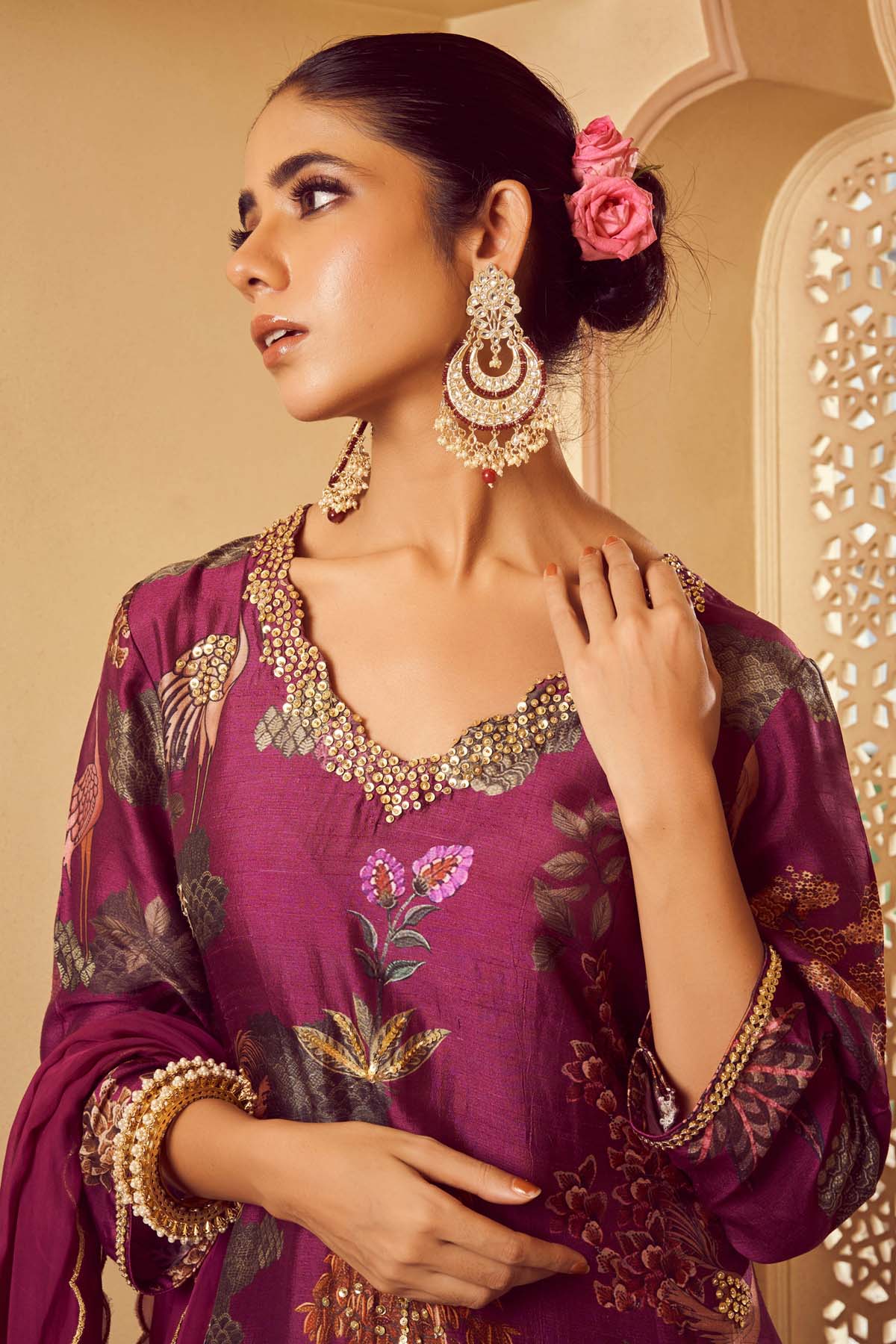 Purple Silk Printed Kurta Set