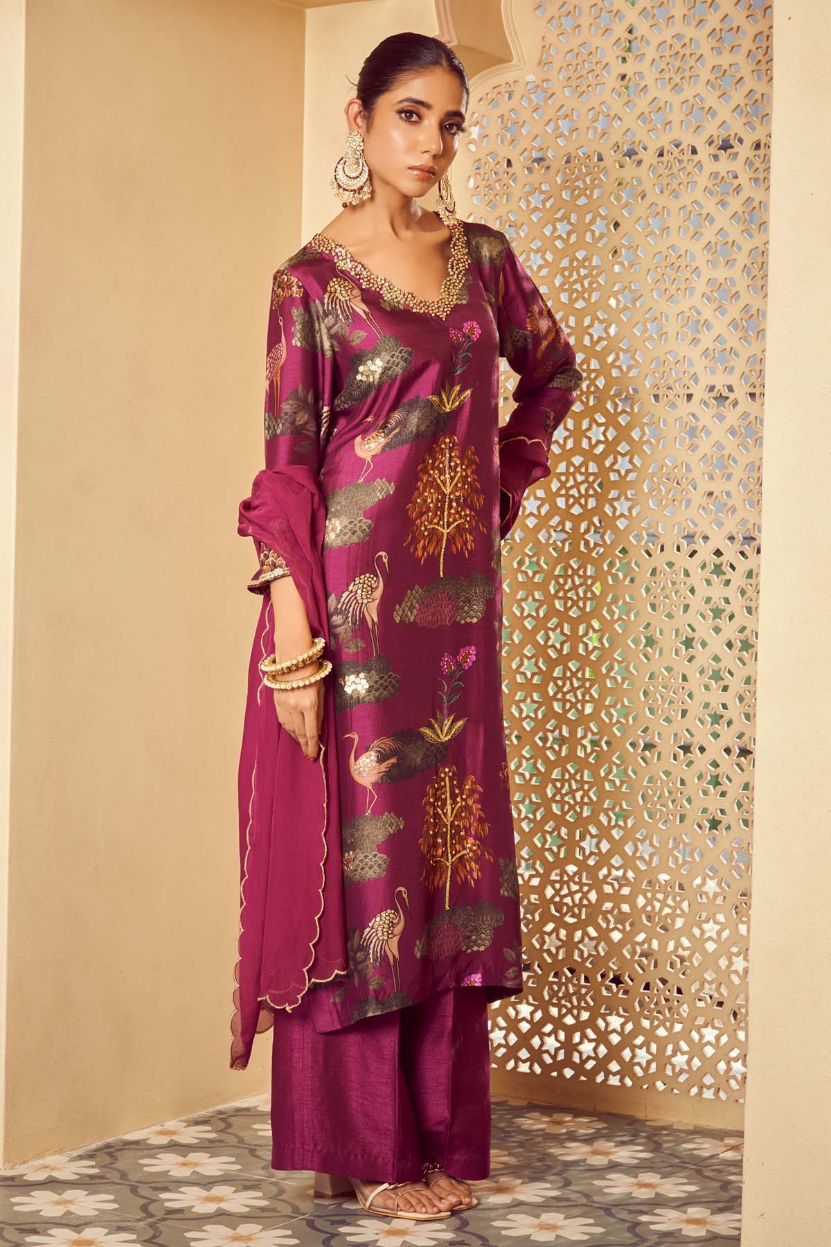 Purple Silk Printed Kurta Set