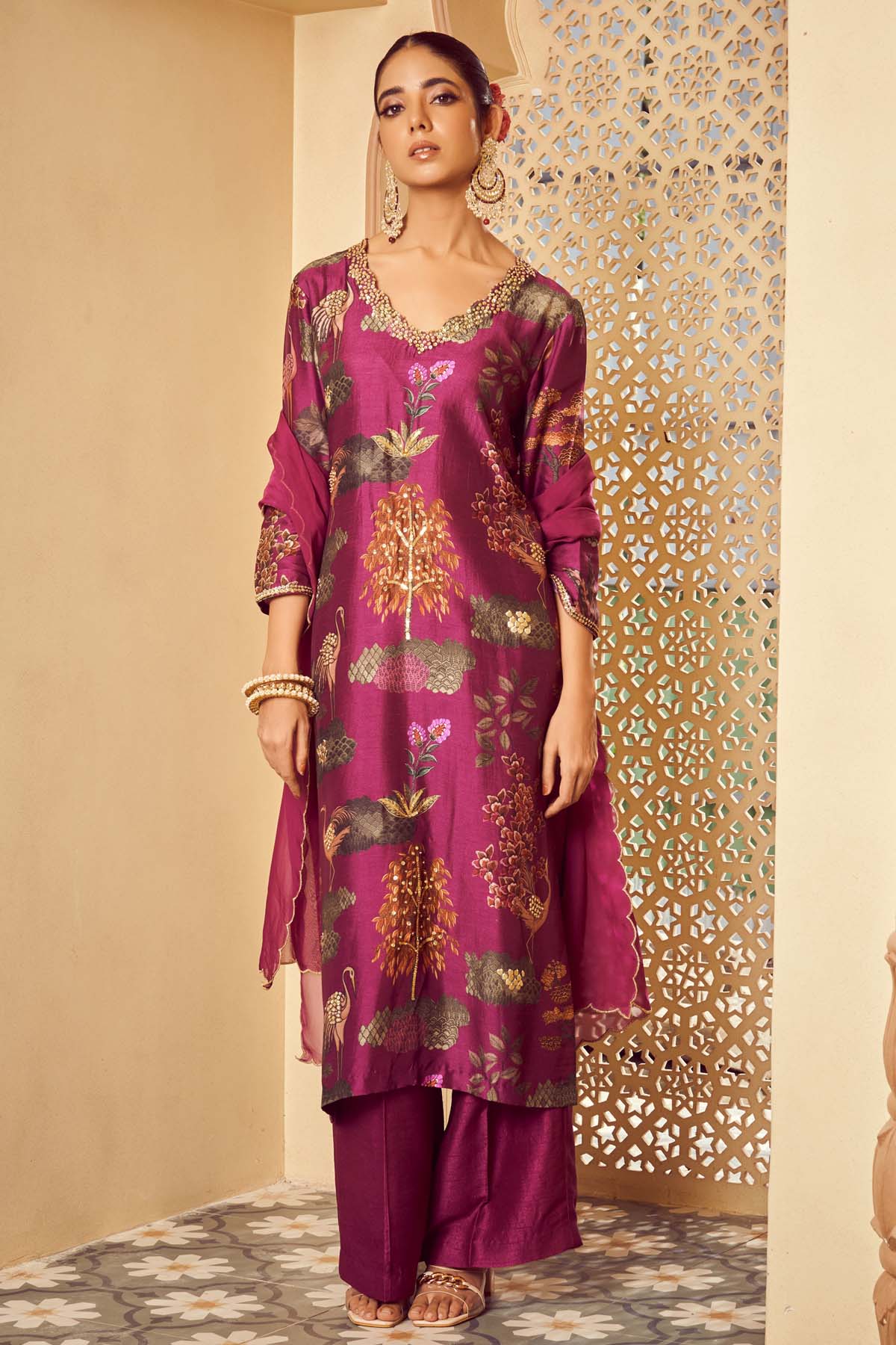 Megha Pitti Purple Silk Printed Kurta Set for women online at ScrollnShops