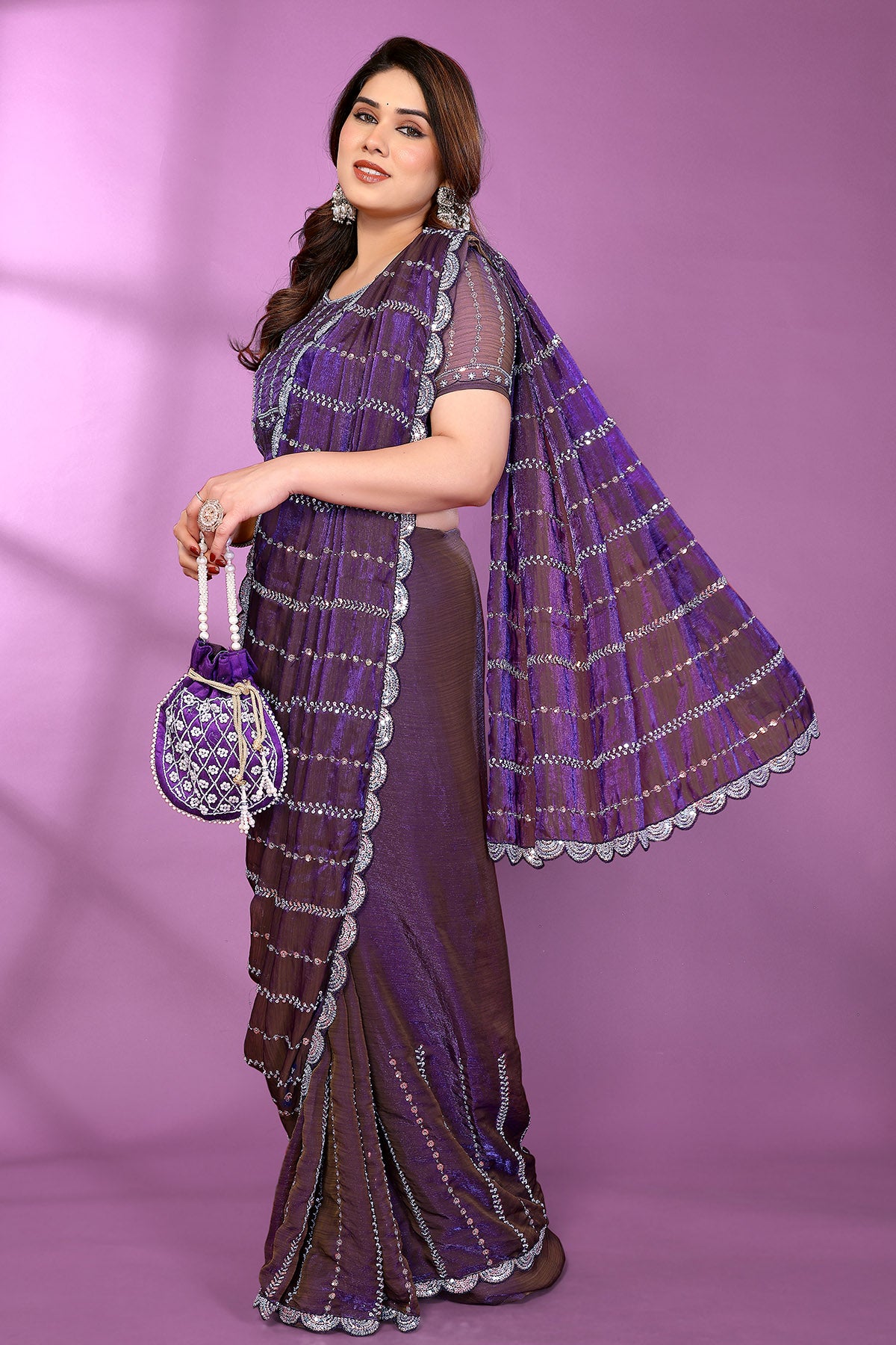 Purple Silk Satin Beaded Saree
