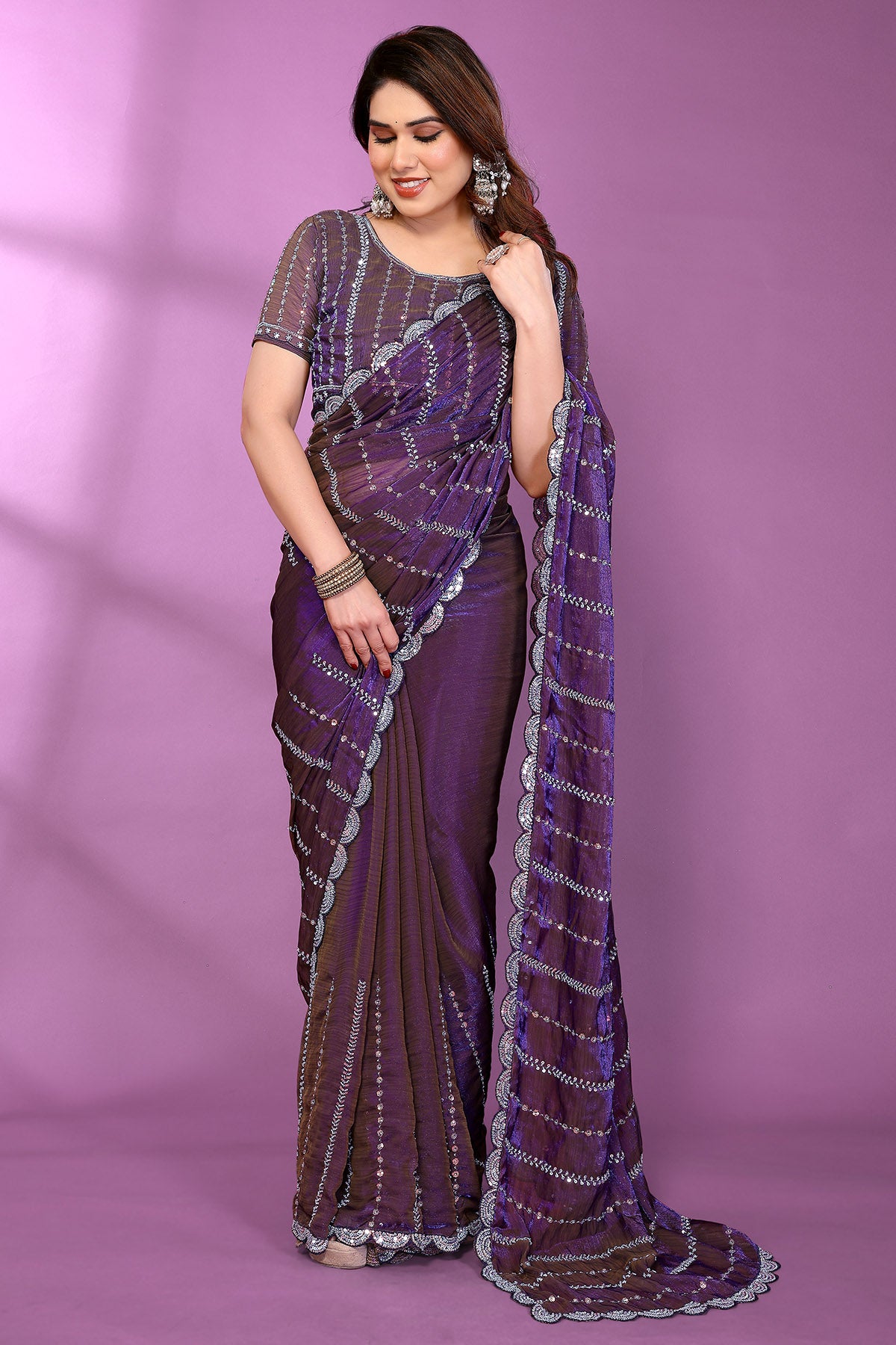 Purple Silk Satin Beaded Saree